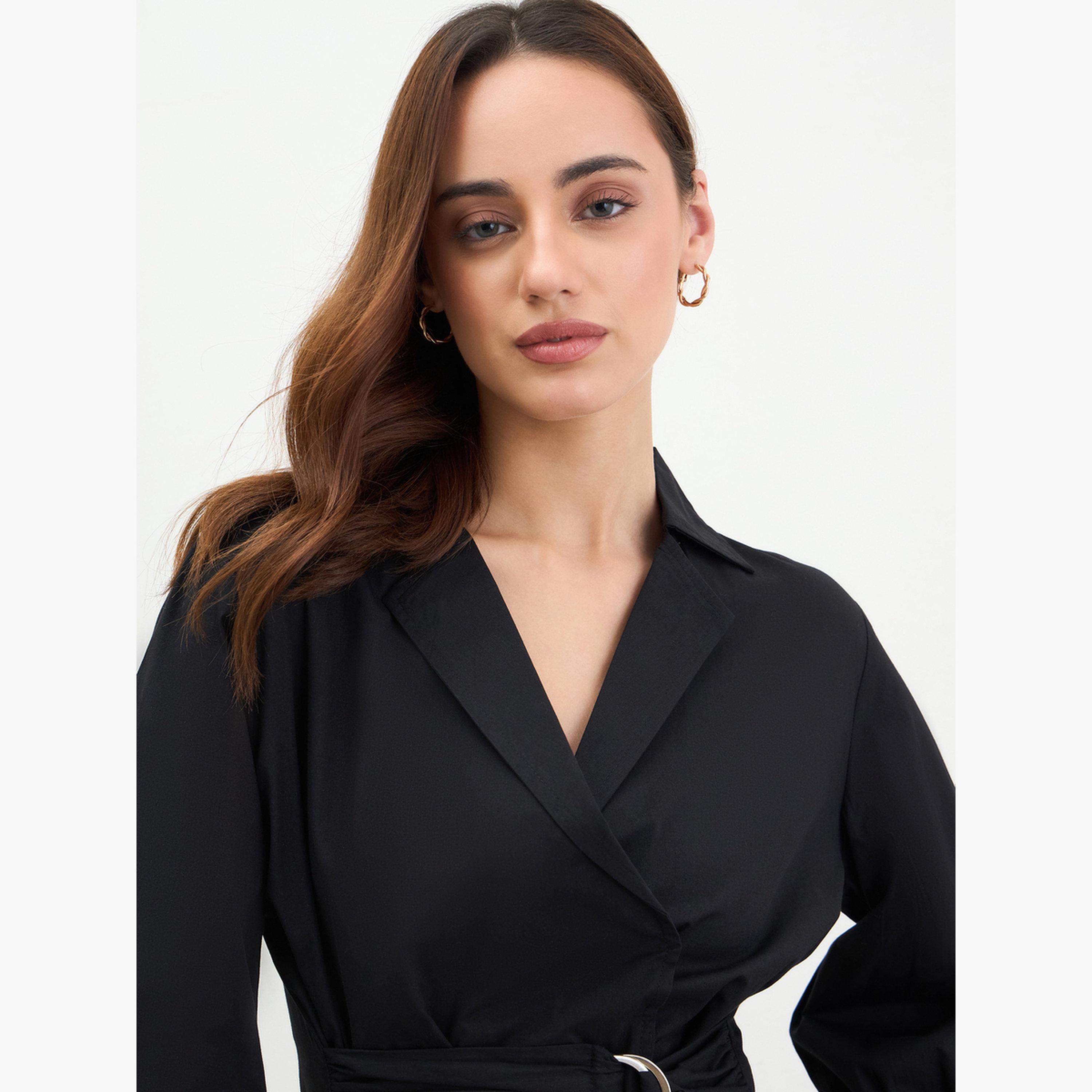 Styli Women Black Cotton Poplin Wrap Shirt with Belt-women-clothing-shirtsandblouses-shirts-image-3