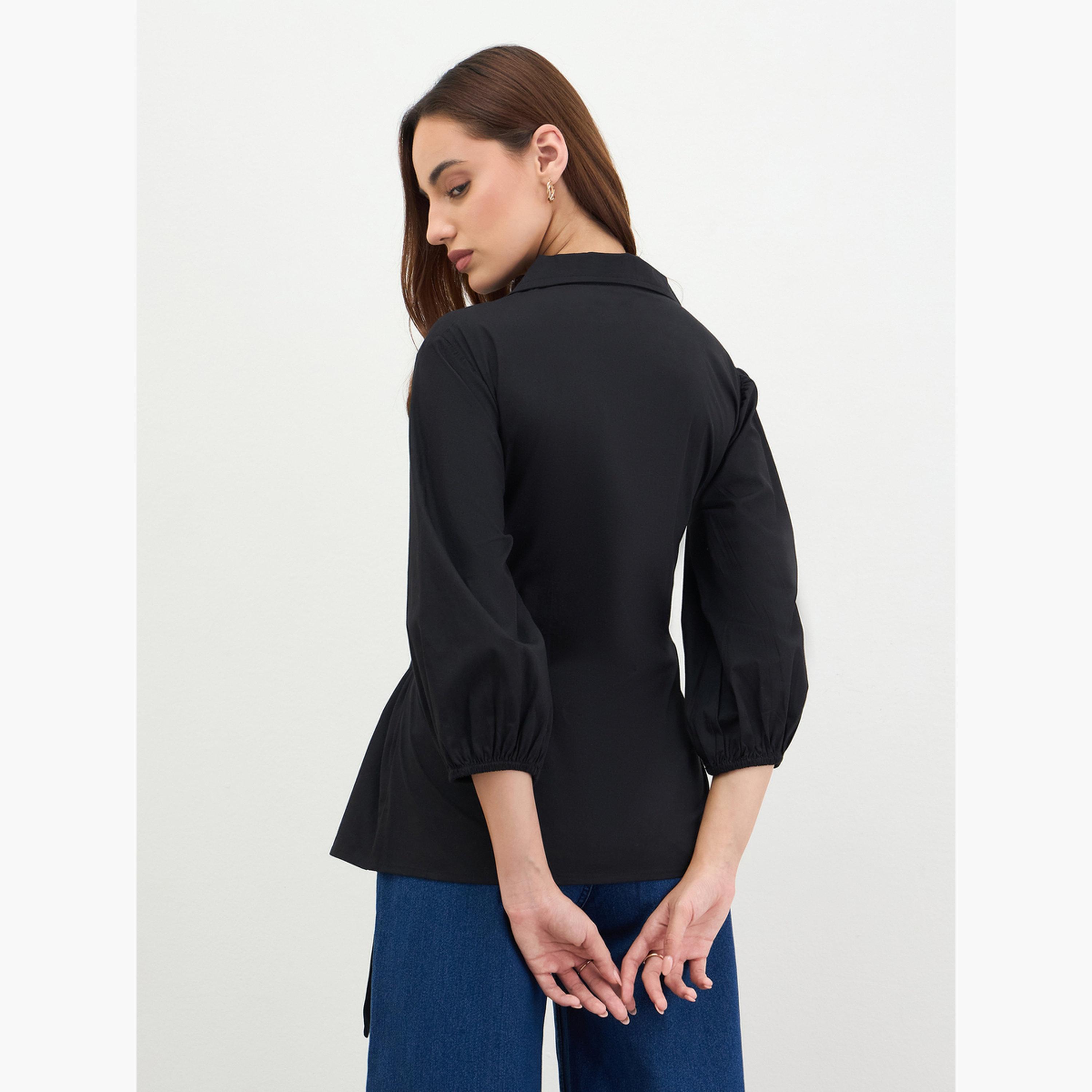 ستايلي - قميص ملفوف من قماش البوبلين القطني الأسود مع حزام للنساء-women-clothing-shirtsandblouses-shirts-image-4