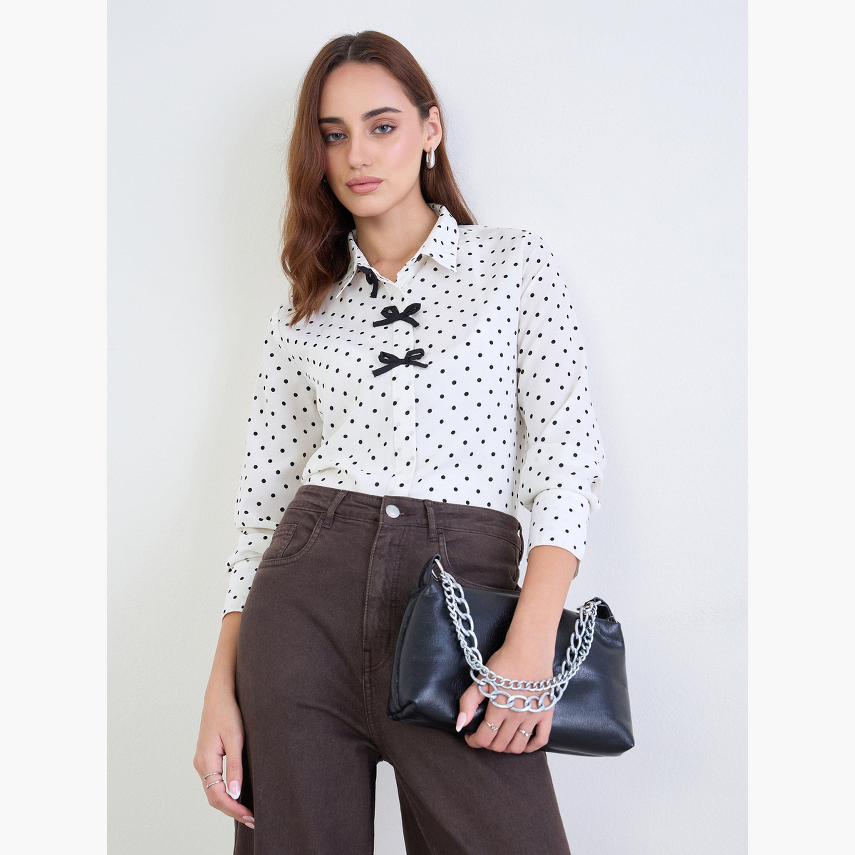 Styli Women Polka Dot Shirt with Bow Detail-women-clothing-shirtsandblouses-shirts-image-1