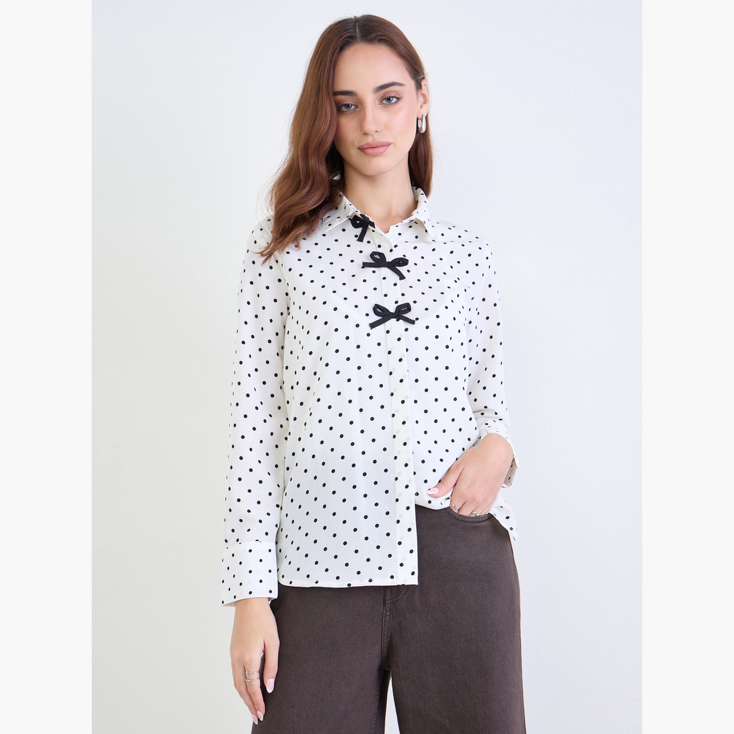 Styli Women Polka Dot Shirt with Bow Detail-women-clothing-shirtsandblouses-shirts-image-3