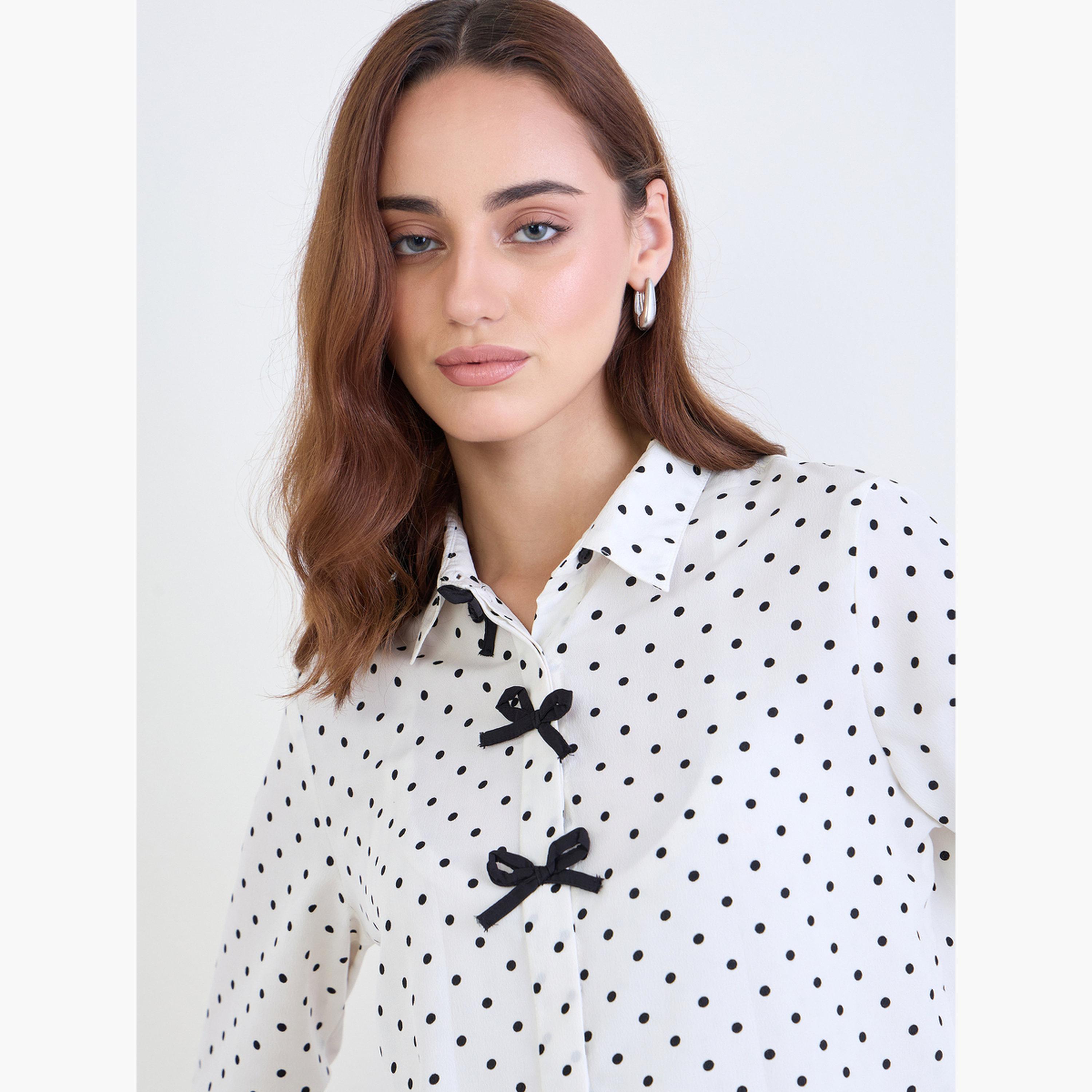 Styli Women Polka Dot Shirt with Bow Detail-women-clothing-shirtsandblouses-shirts-image-4
