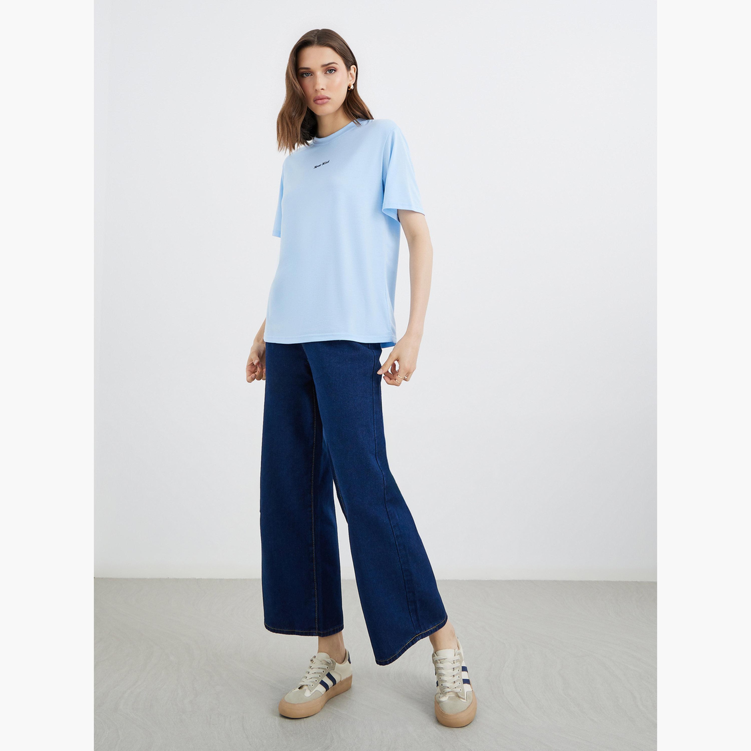 Styli Blue Embroidered Slogan T-Shirt-women-clothing-tshirts-image-2