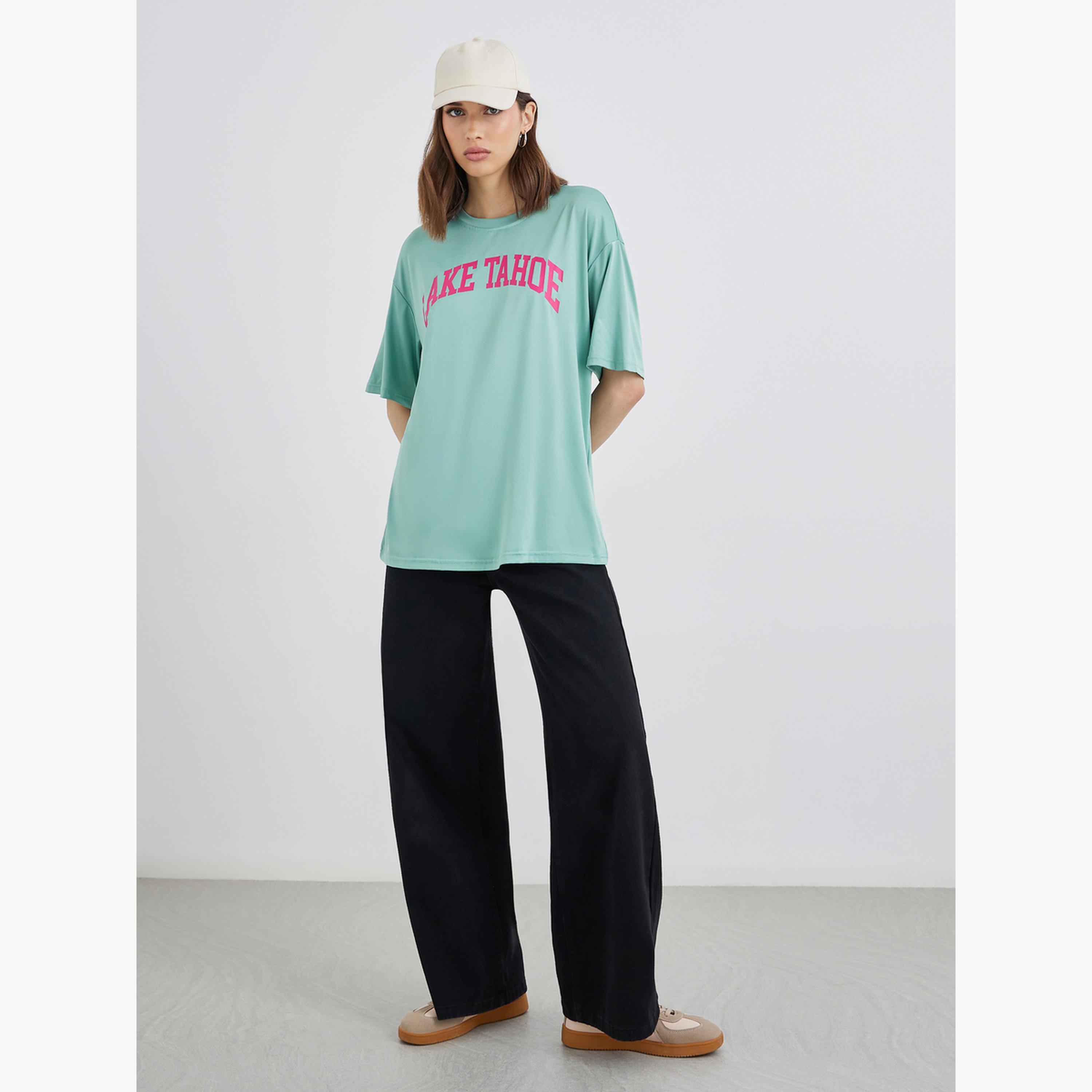 Styli Green Oversized Slogan T-Shirt-women-clothing-tshirts-image-2