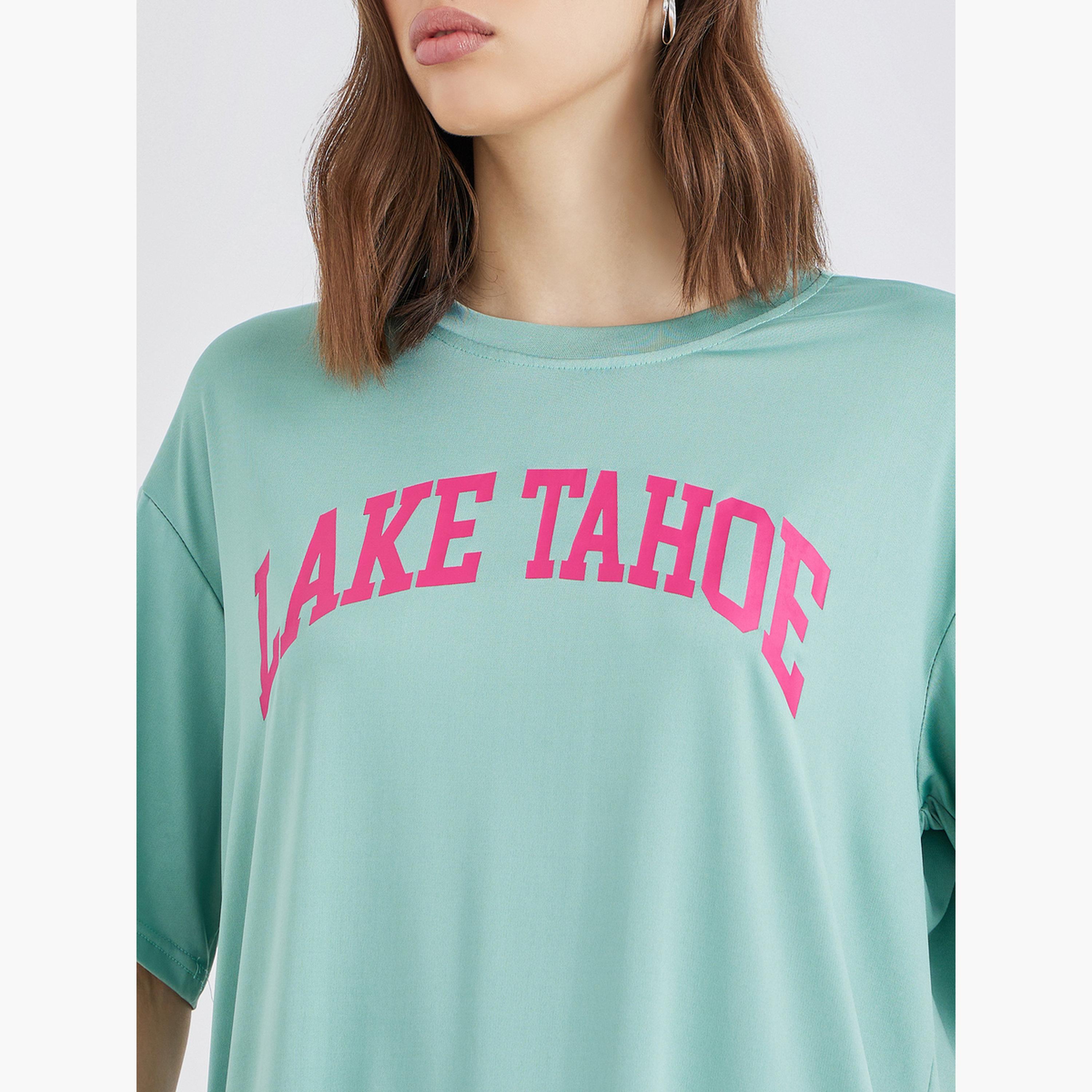 ستايلي - تي شيرت أخضر حجم كبير بشعار-women-clothing-tshirts-image-4