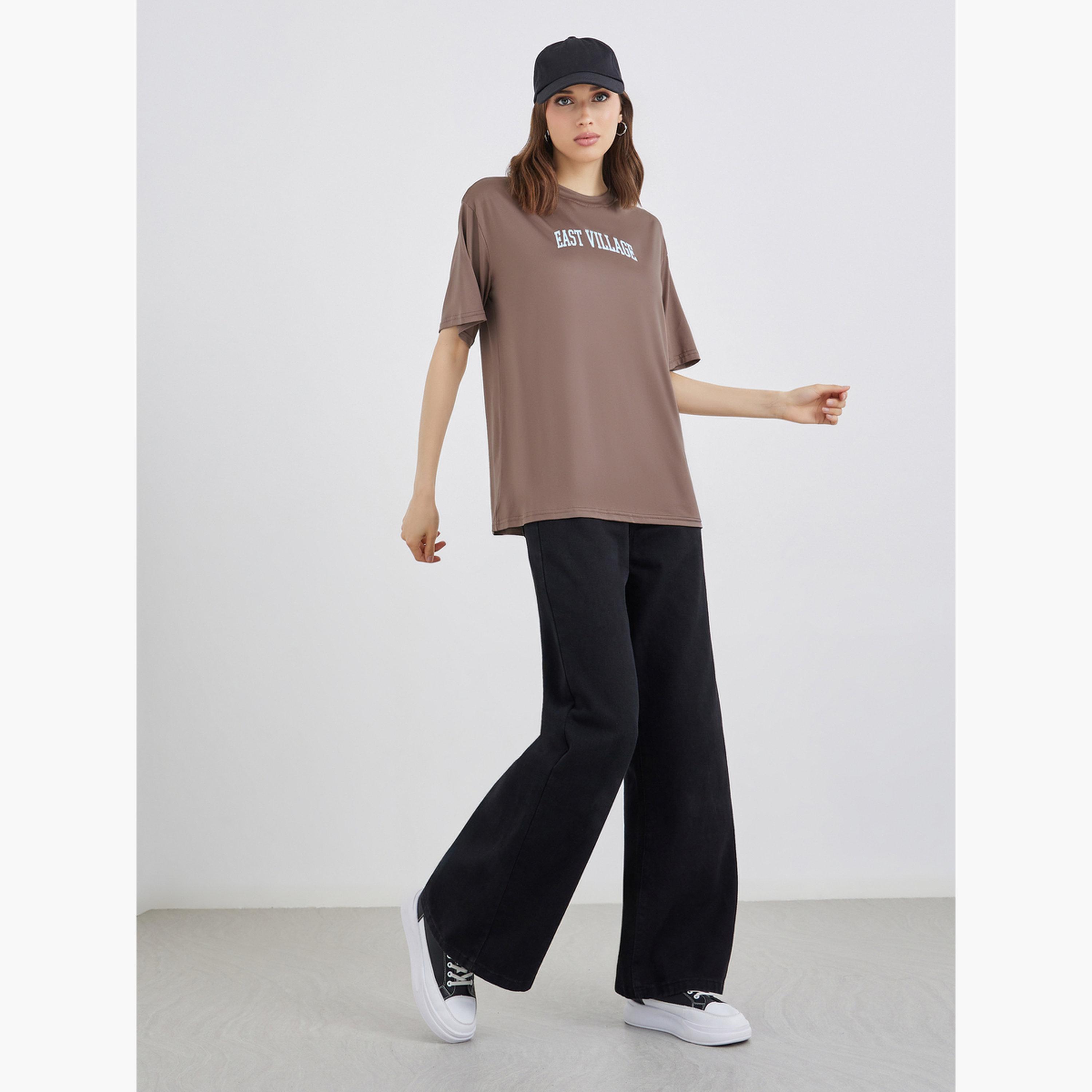 Styli Brown Oversized Slogan T-Shirt-women-clothing-tshirts-image-2