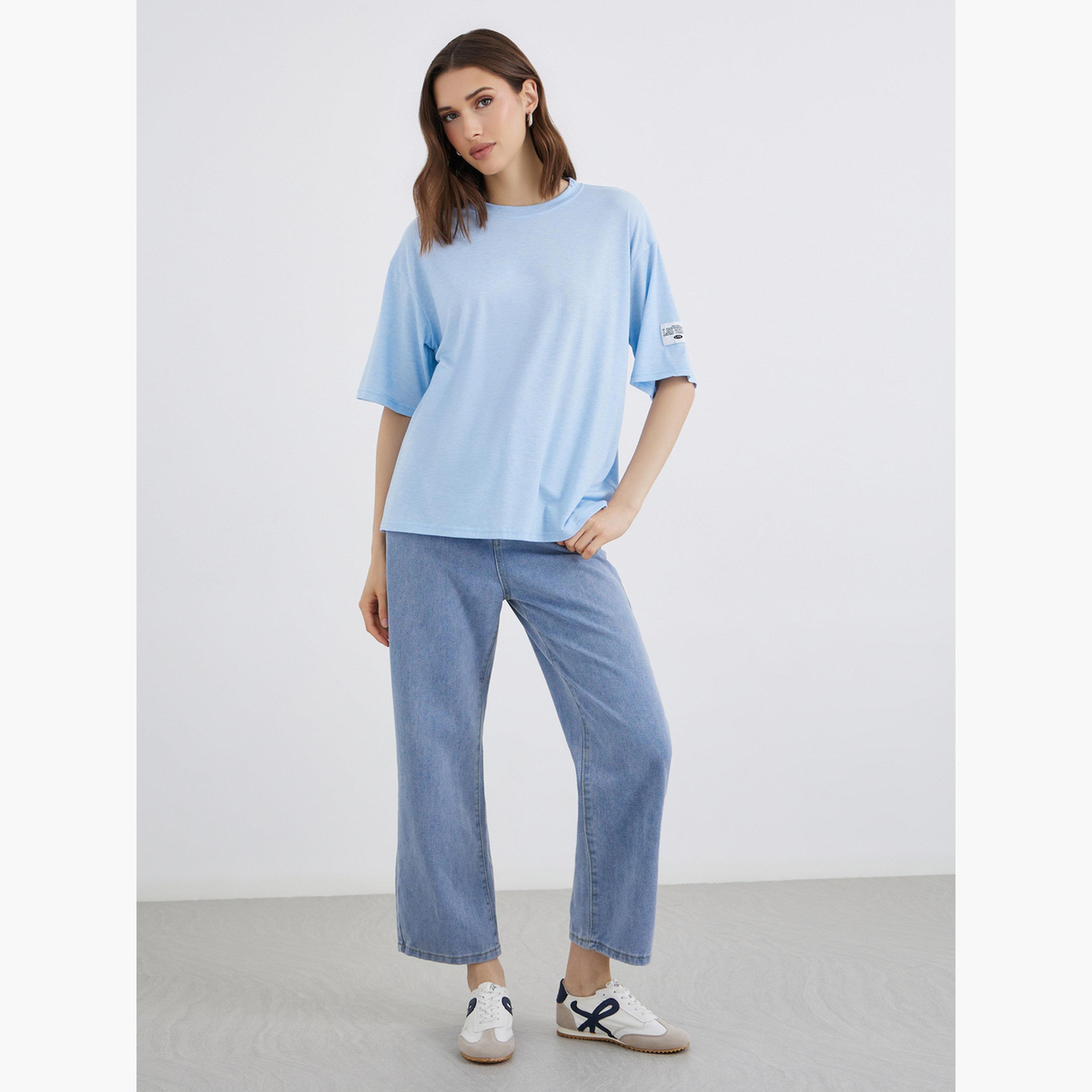 Styli Relaxed Fit Blue T-Shirt with Patch Detail-women-clothing-tshirts-image-2