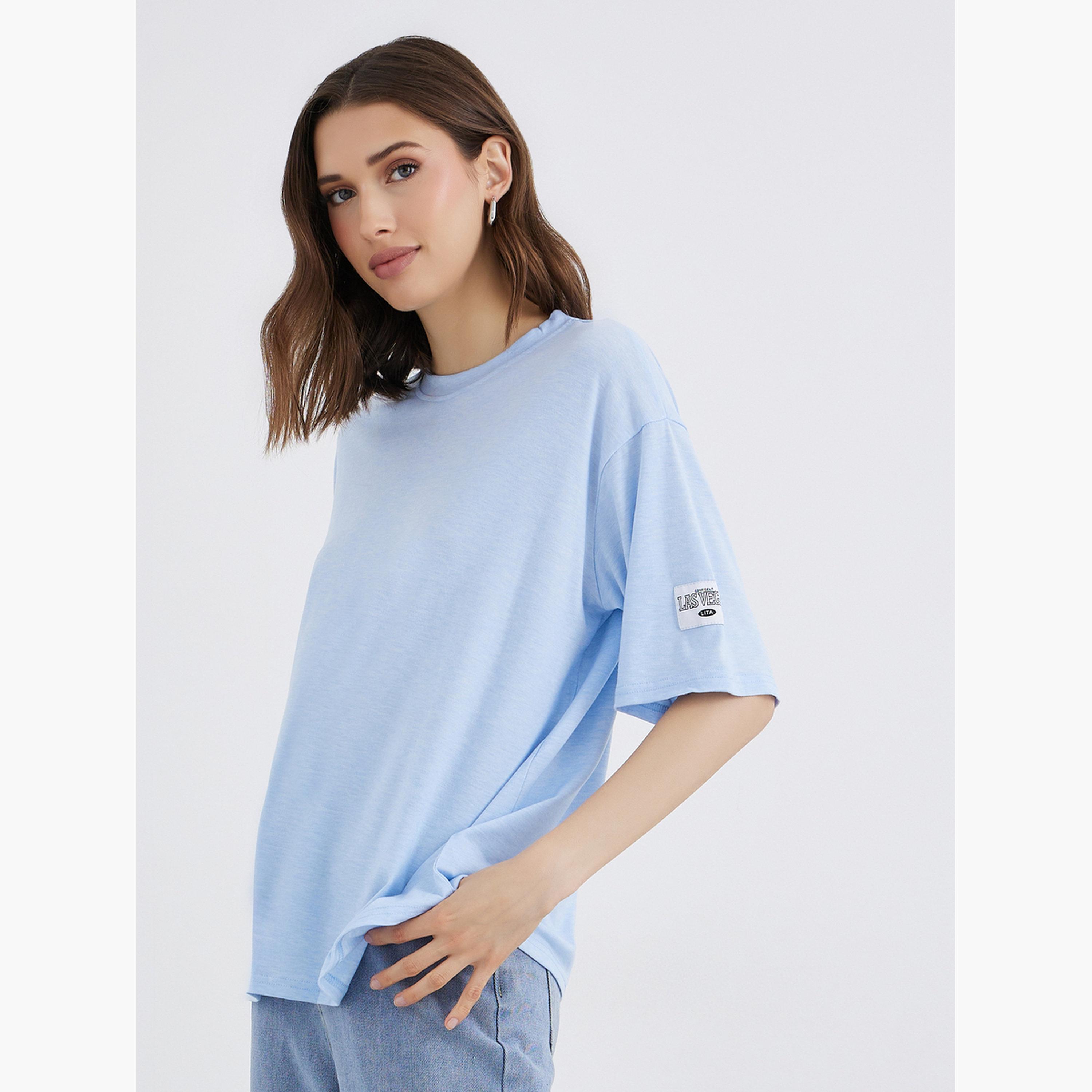 Styli Relaxed Fit Blue T-Shirt with Patch Detail-women-clothing-tshirts-image-3