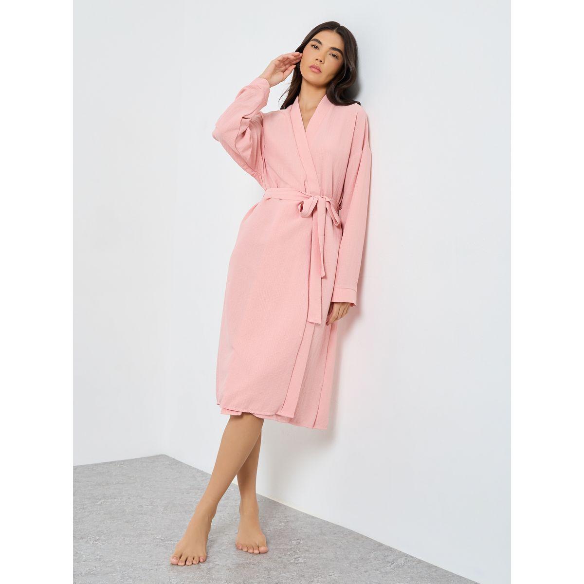 Styli Textured Solid Robe with Tie Belt-women-clothing-nightwear-robes-image-1