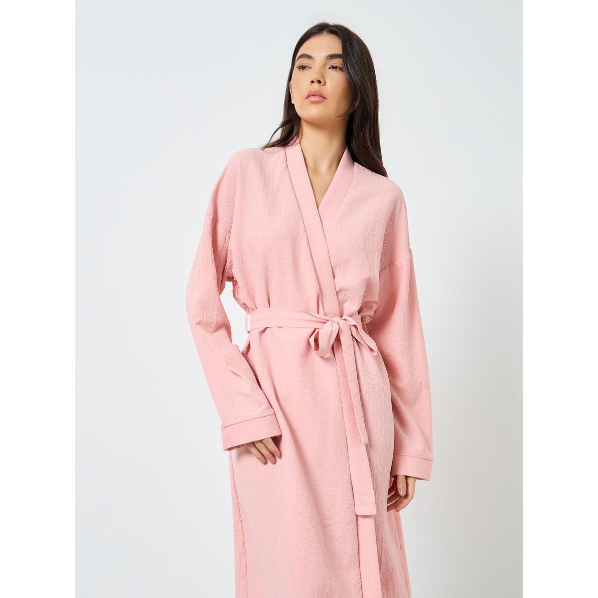Styli Textured Solid Robe with Tie Belt-women-clothing-nightwear-robes-image-2