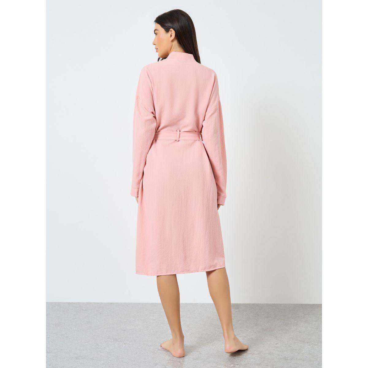Styli Textured Solid Robe with Tie Belt-women-clothing-nightwear-robes-image-4