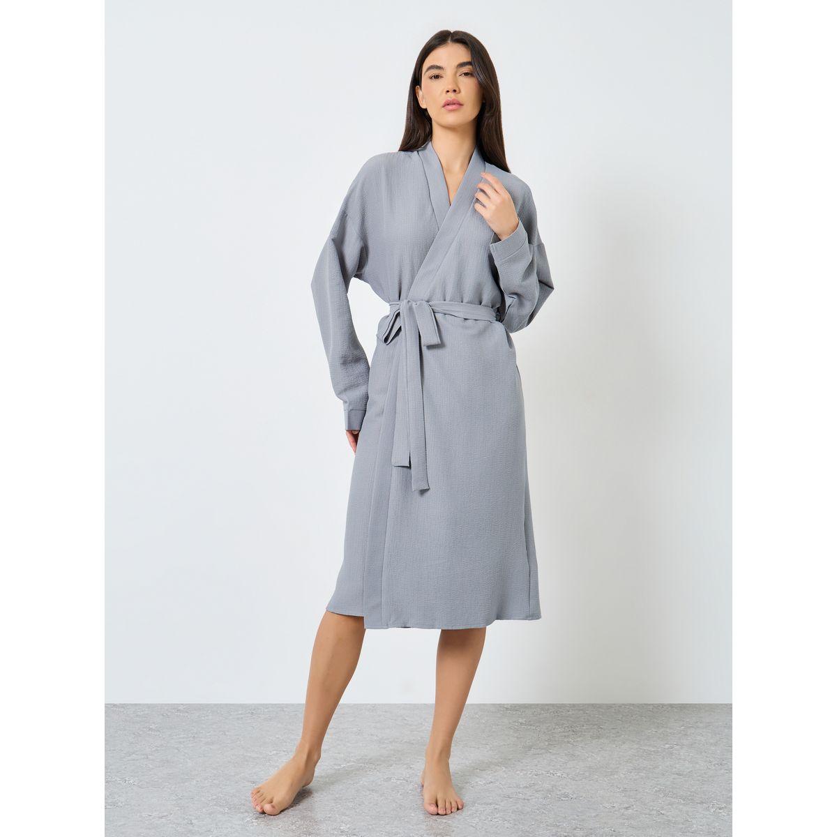 Styli Textured Solid Robe with Tie Belt-women-clothing-nightwear-robes-image-1