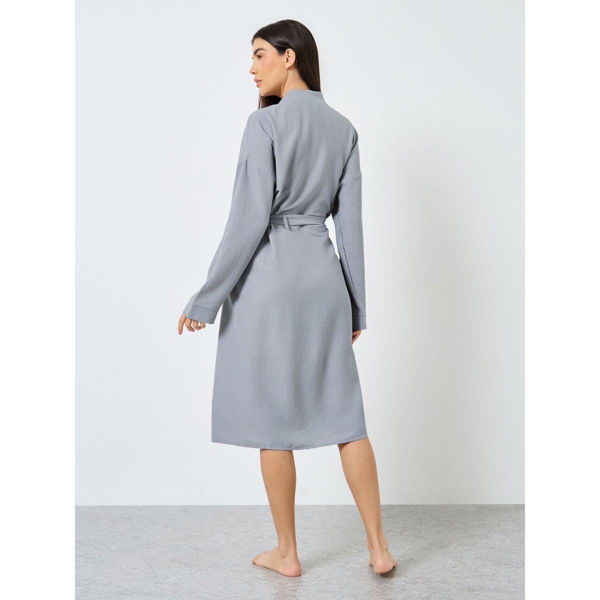 Styli Textured Solid Robe with Tie Belt-women-clothing-nightwear-robes-image-4