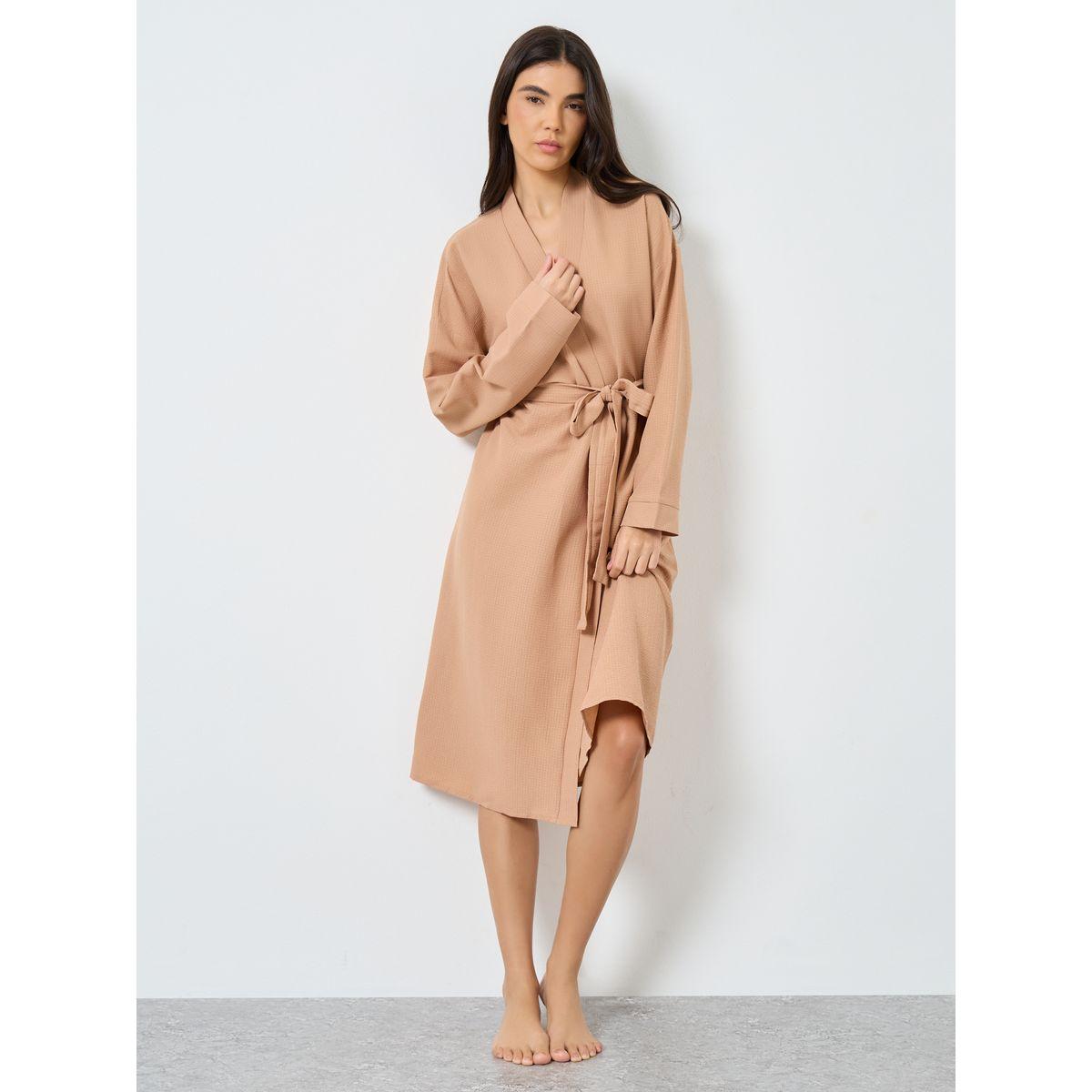 Styli Textured Solid Robe with Tie Belt-women-clothing-nightwear-robes-image-1