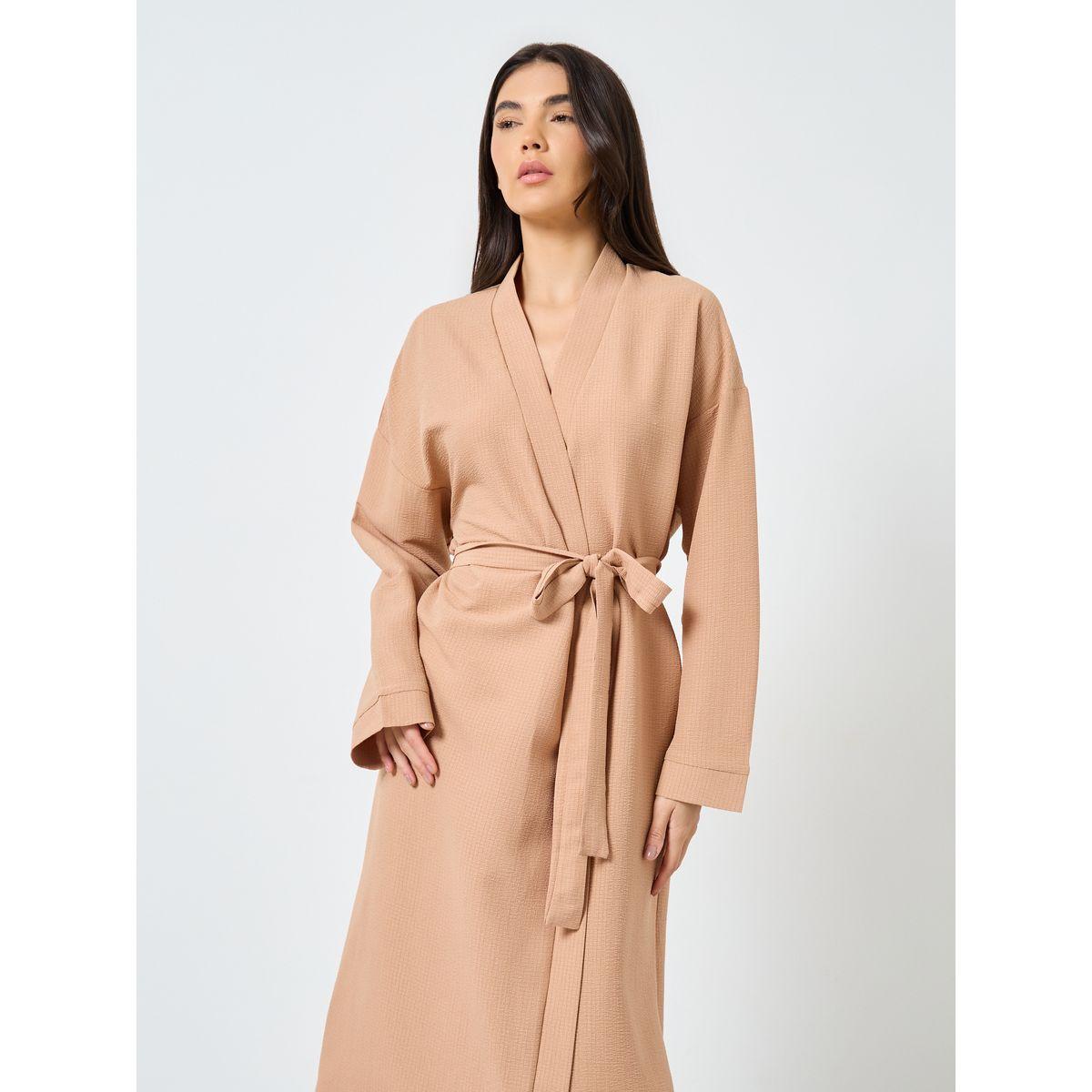 Styli Textured Solid Robe with Tie Belt-women-clothing-nightwear-robes-image-2