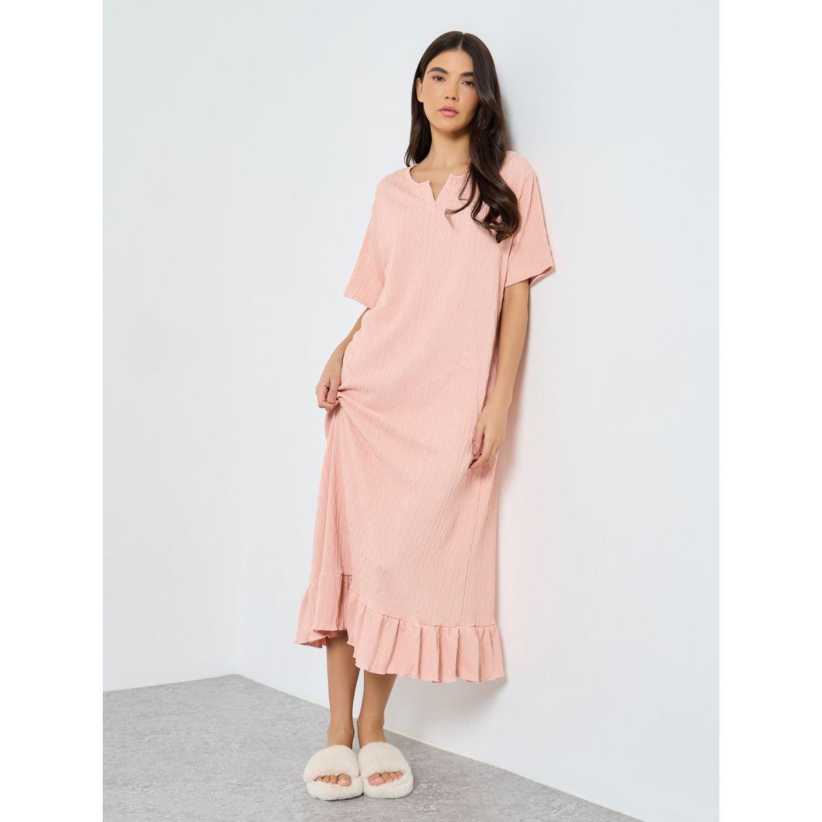 Styli Ruffle Hem Detail Textured Nightdress-women-clothing-nightwear-nighties-image-1