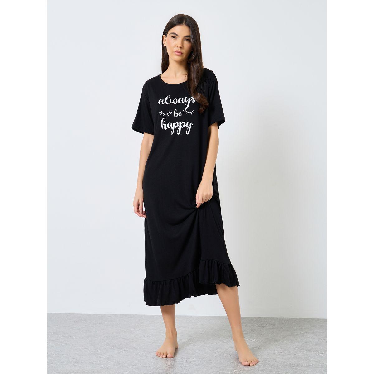 Styli Slogan Print Ruffle Hem Sleep T-Shirt Dress-women-clothing-nightwear-nighties-image-1
