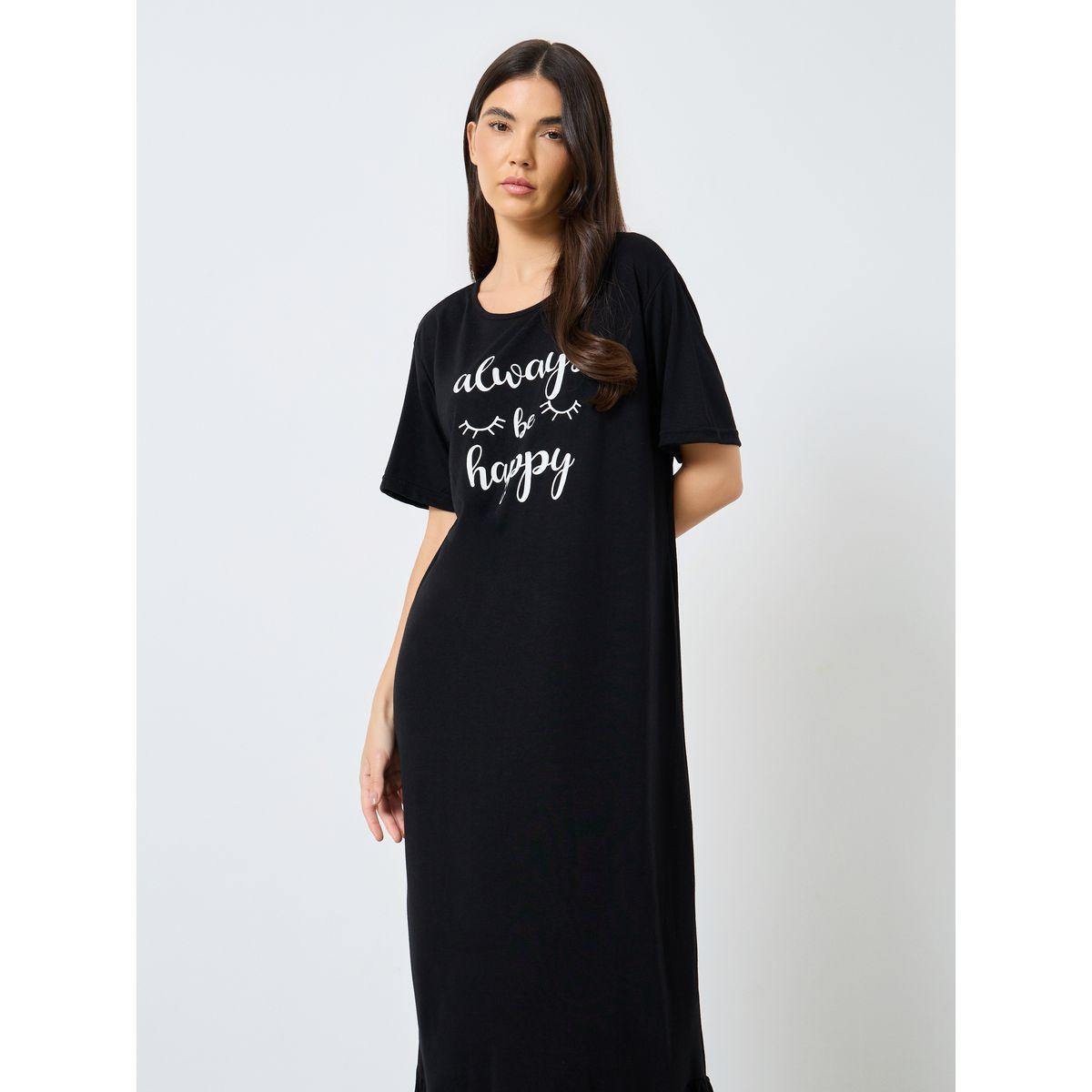 Styli Slogan Print Ruffle Hem Sleep T-Shirt Dress-women-clothing-nightwear-nighties-image-2