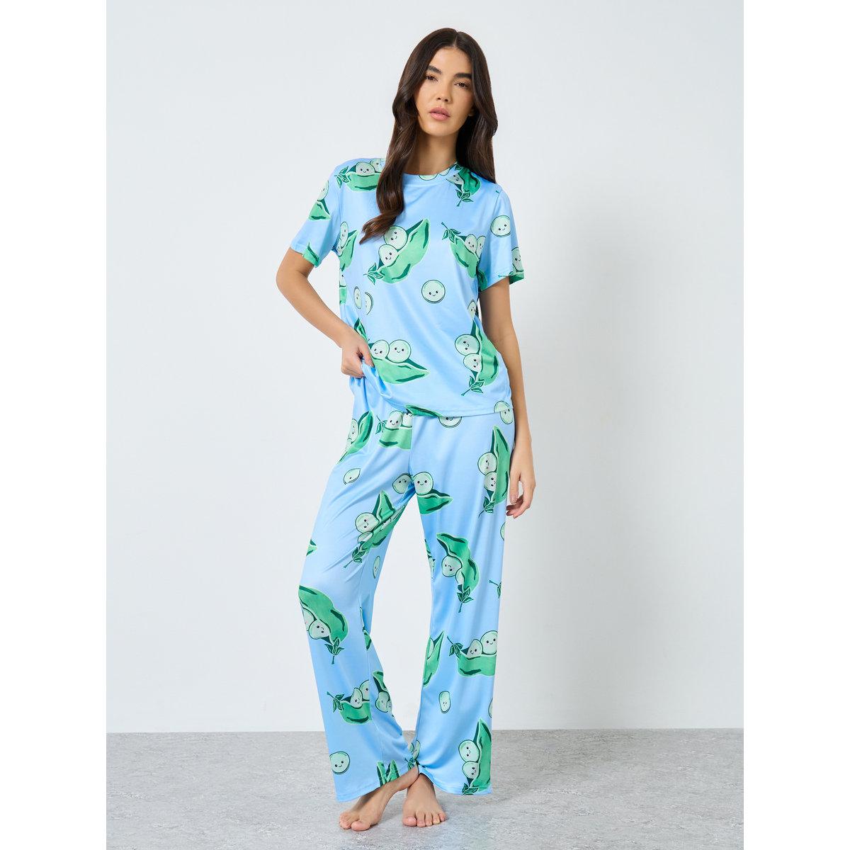 Styli Pea Pod Graphic Print T-Shirt and Pyjama Set-women-clothing-nightwear-pyjamas-longsets-image-1