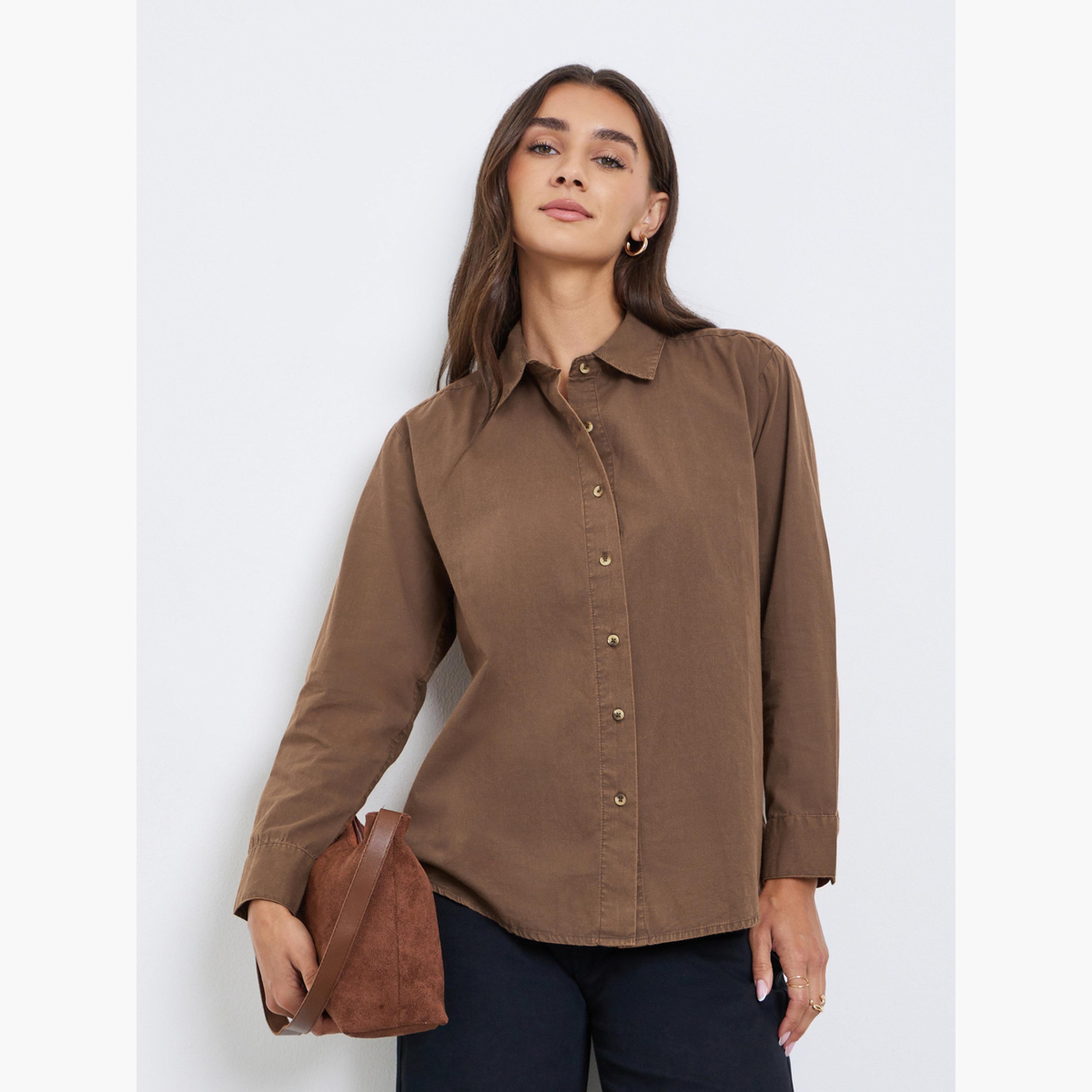 Styli Brown Long Sleeve Acid Wash Shirt-women-clothing-shirtsandblouses-shirts-image-1