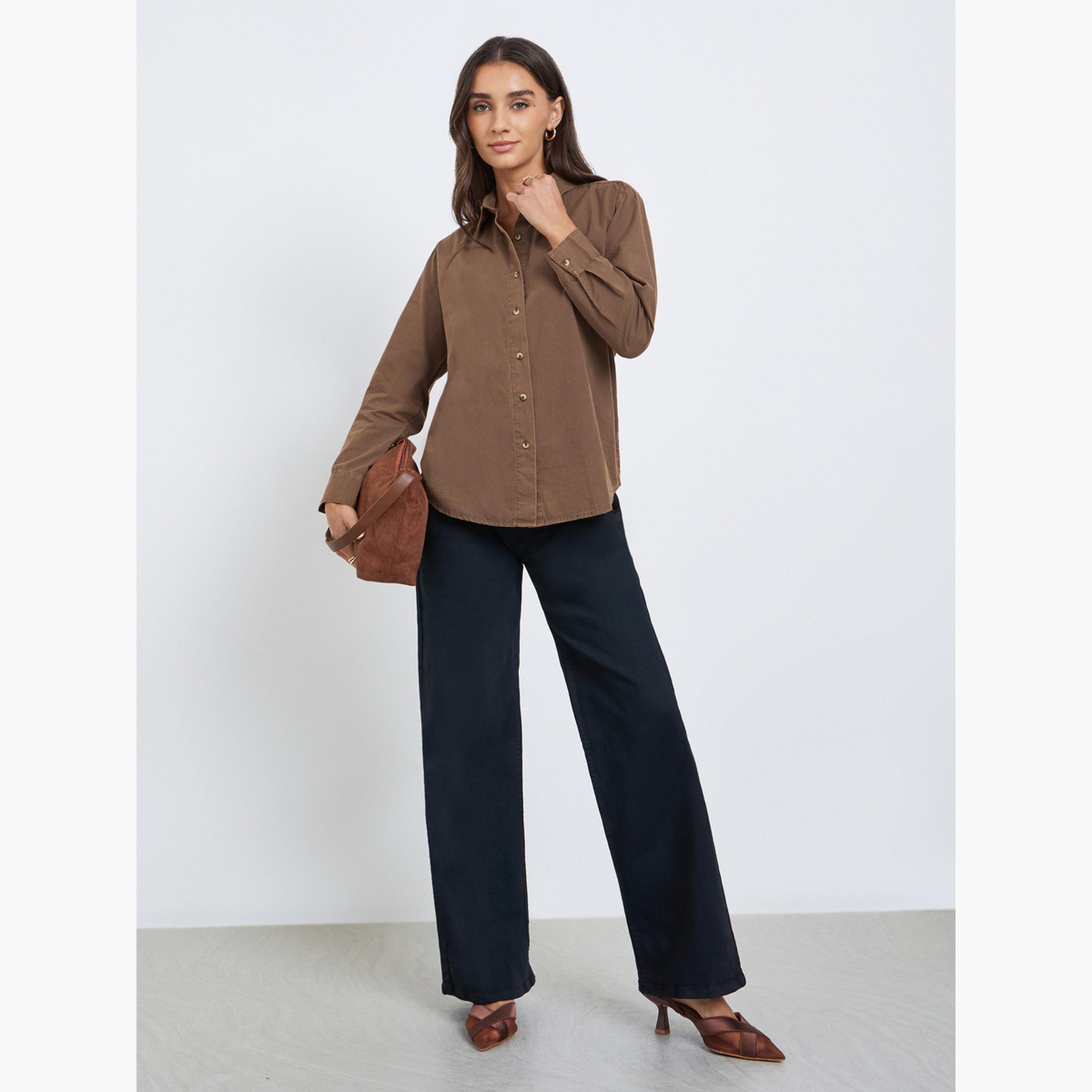 ستايلي - قميص بني طويل الأكمام مقاوم للأحماض-women-clothing-shirtsandblouses-shirts-image-2
