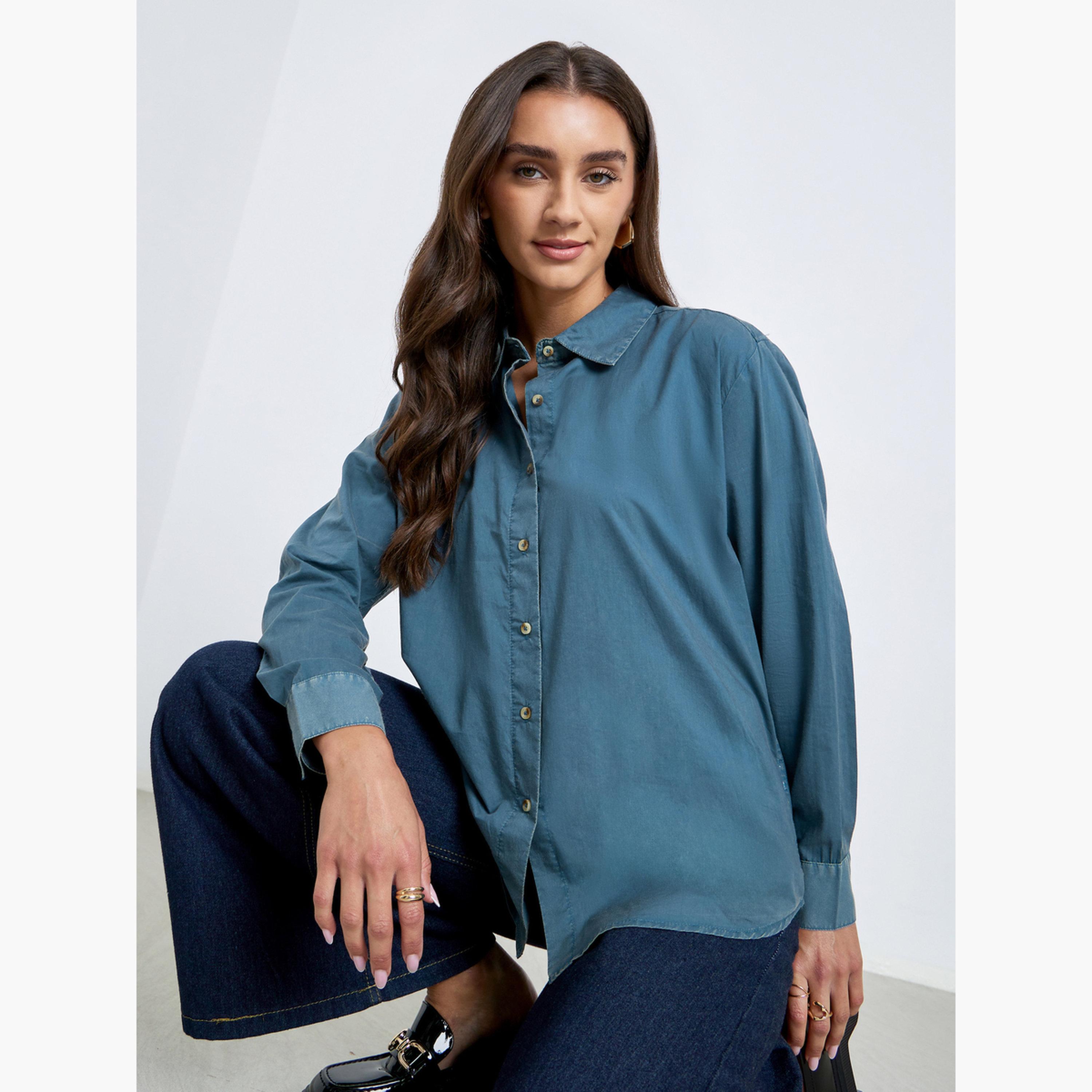 Styli Blue Long Sleeve Acid Wash Shirt-women-clothing-shirtsandblouses-shirts-image-1