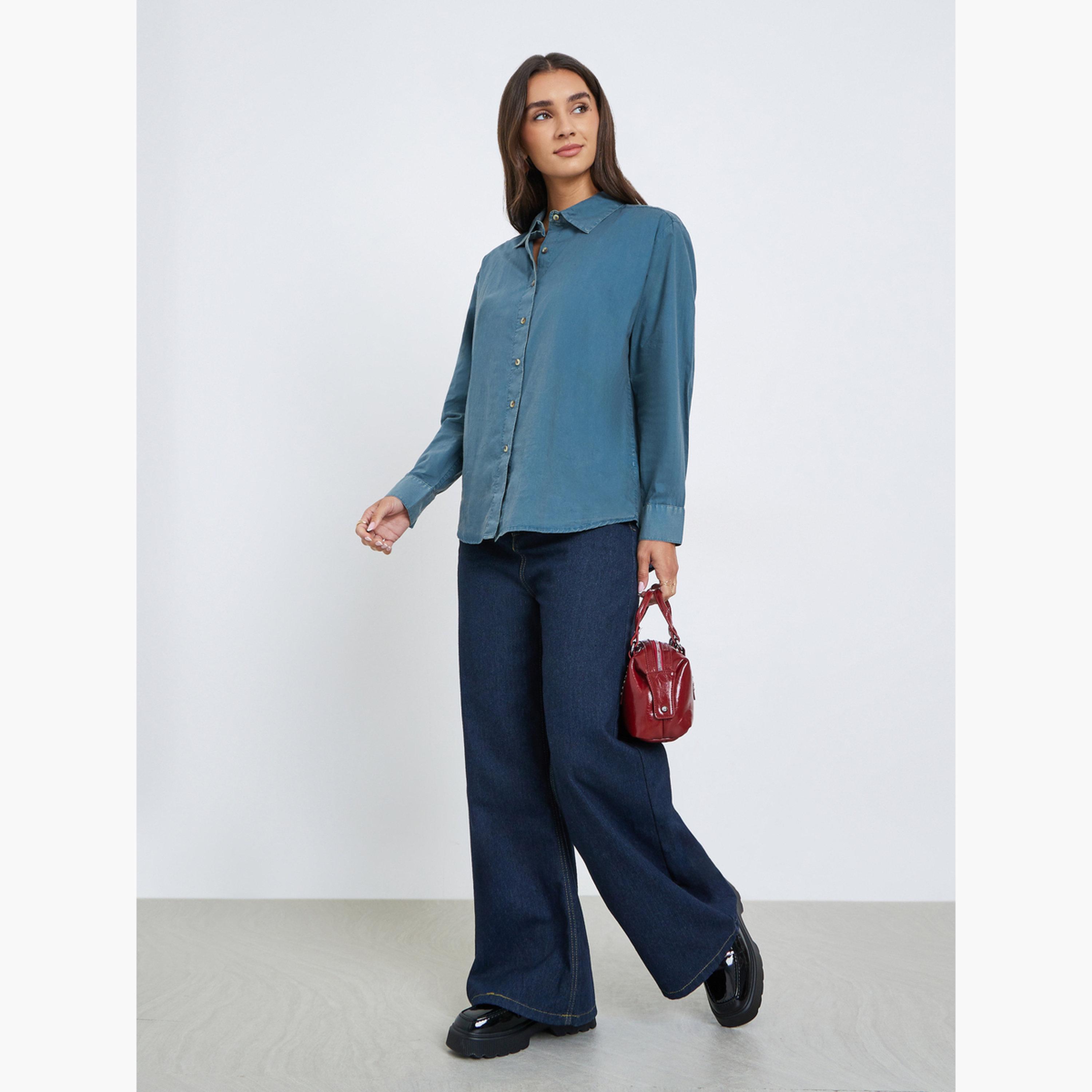 Styli Blue Long Sleeve Acid Wash Shirt-women-clothing-shirtsandblouses-shirts-image-2