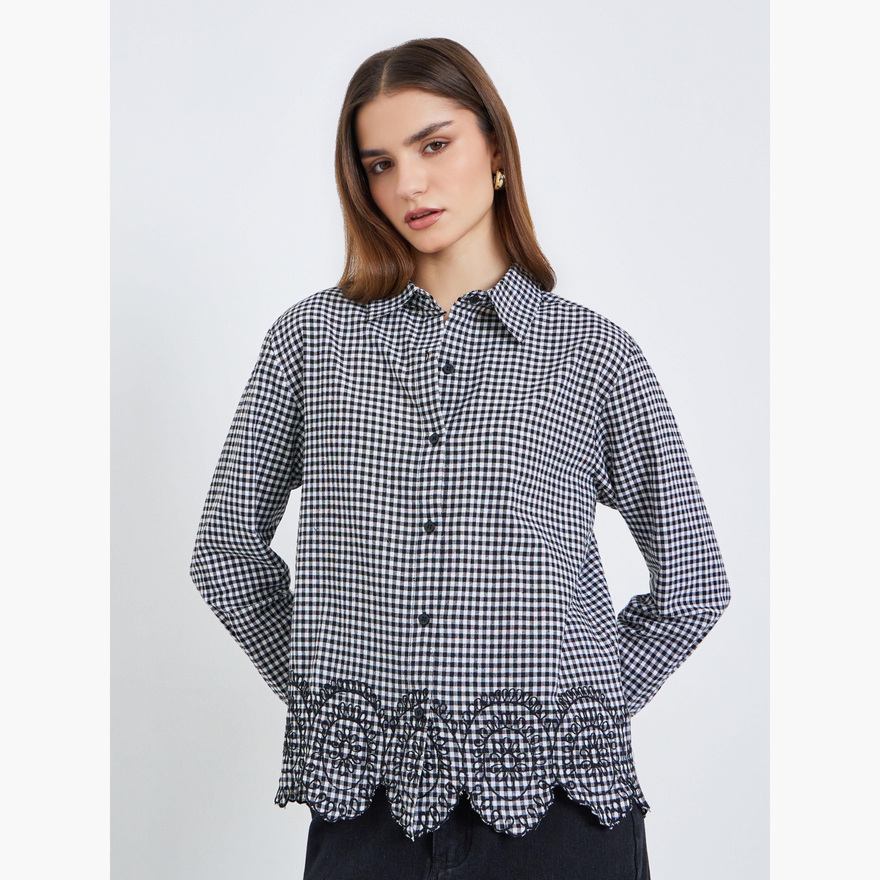 Styli Women Black Gingham Long Sleeve Shirt-women-clothing-shirtsandblouses-shirts-image-1