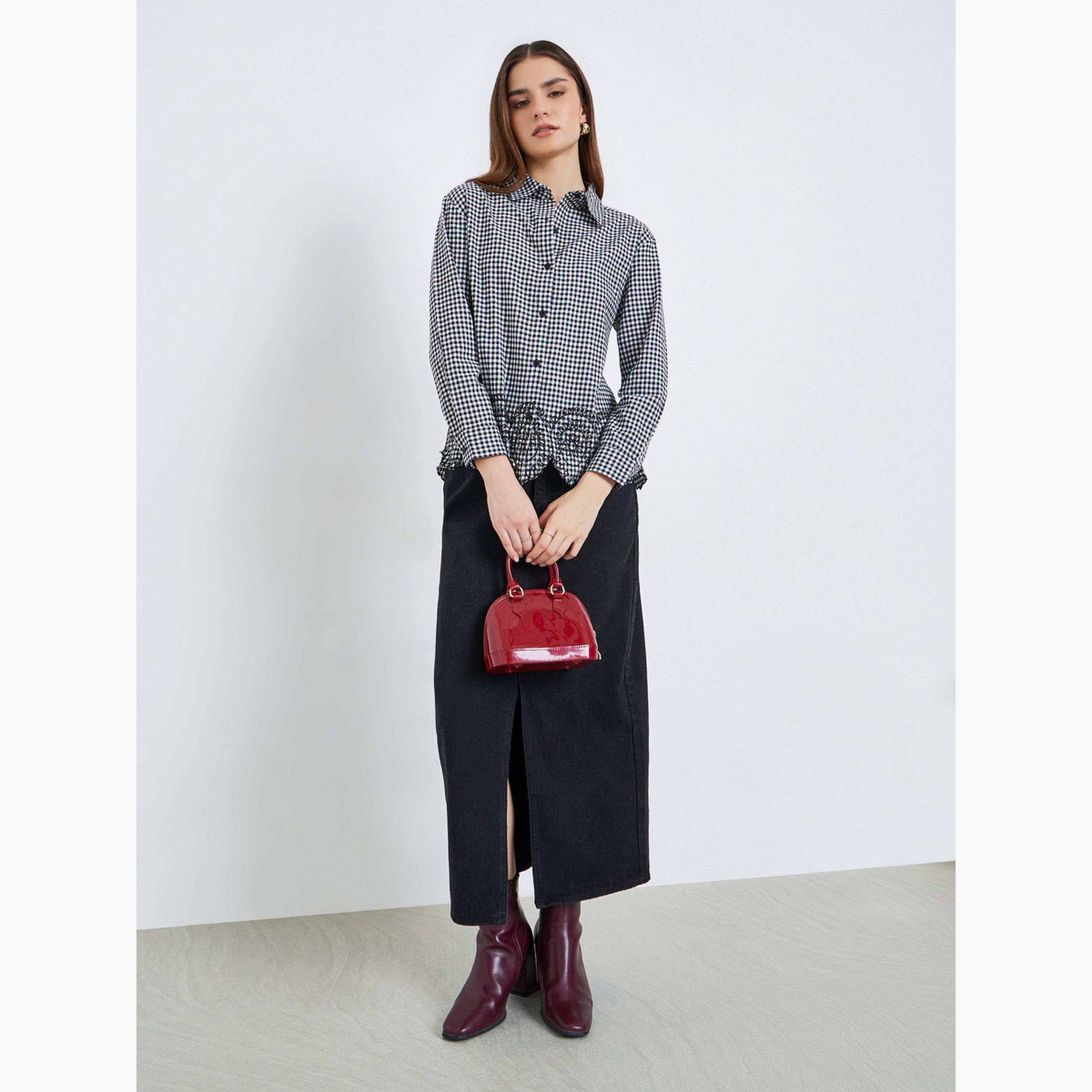 Styli Women Black Gingham Long Sleeve Shirt-women-clothing-shirtsandblouses-shirts-image-2