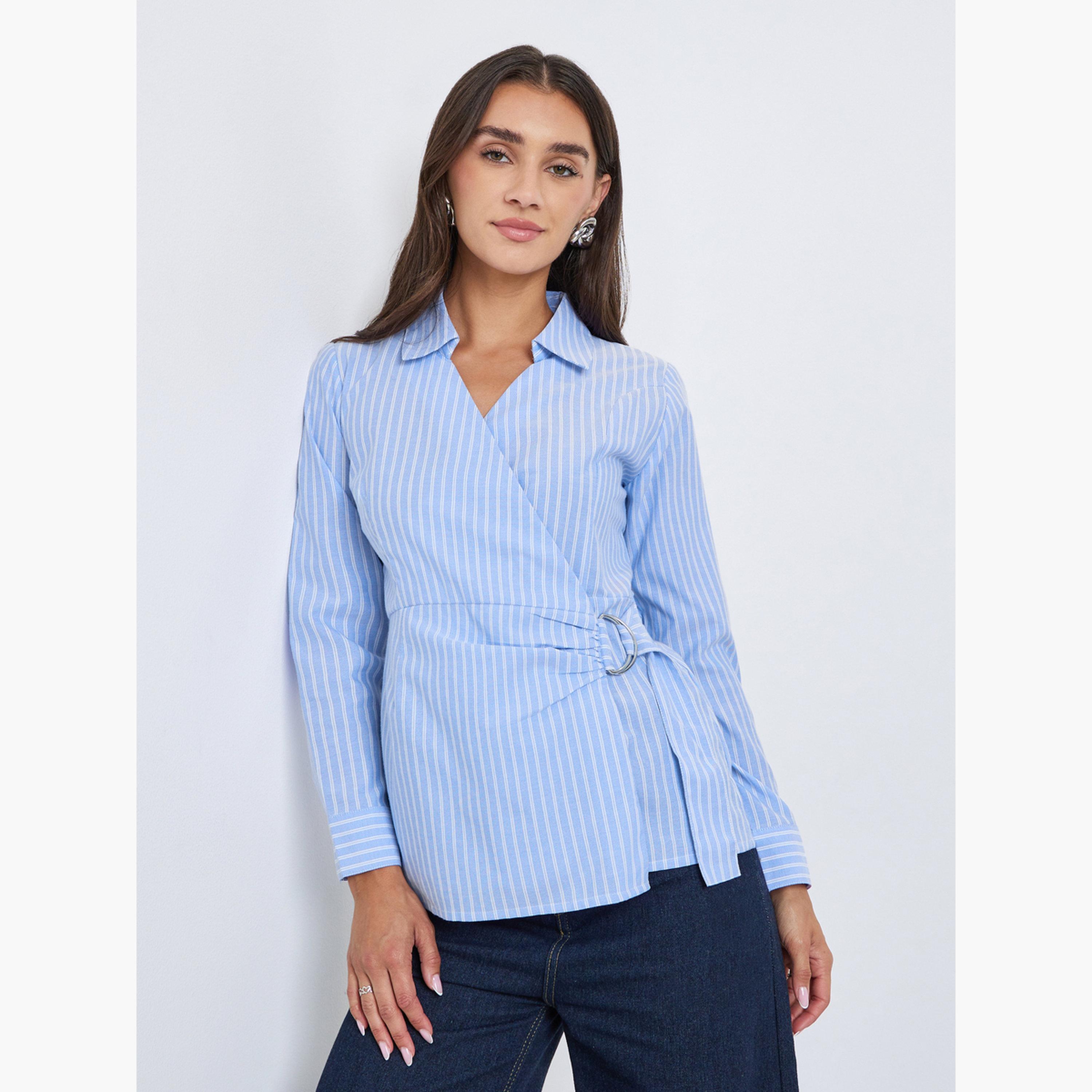 Styli Striped Long Sleeve Cotton Wrap Shirt-women-clothing-shirtsandblouses-shirts-image-1