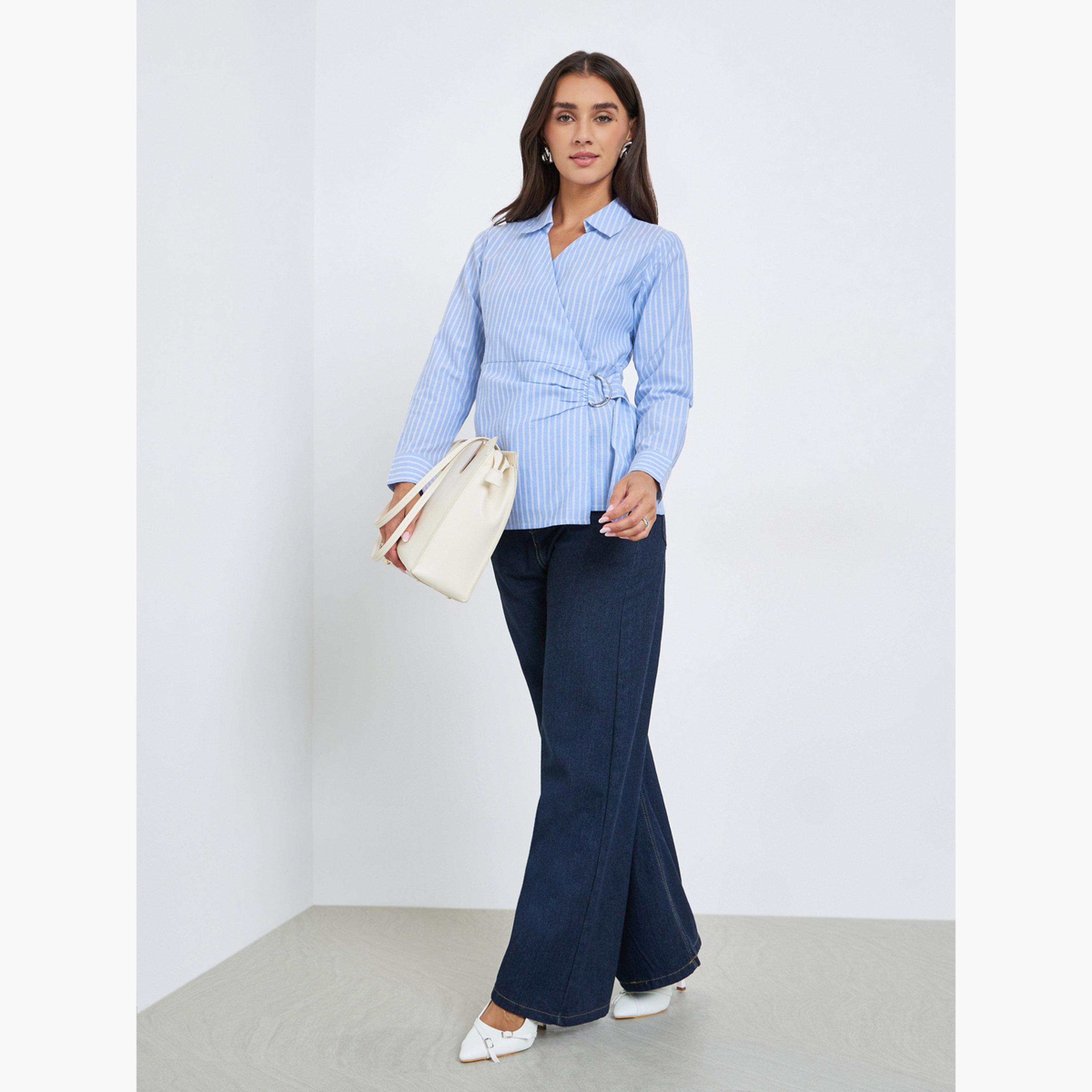 Styli Striped Long Sleeve Cotton Wrap Shirt-women-clothing-shirtsandblouses-shirts-image-2