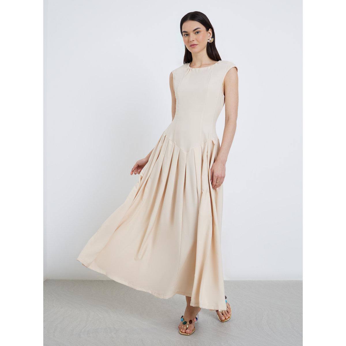 Styli Solid Pleated Sleeveless A-Line Maxi Dress-women-clothing-dresses-image-3