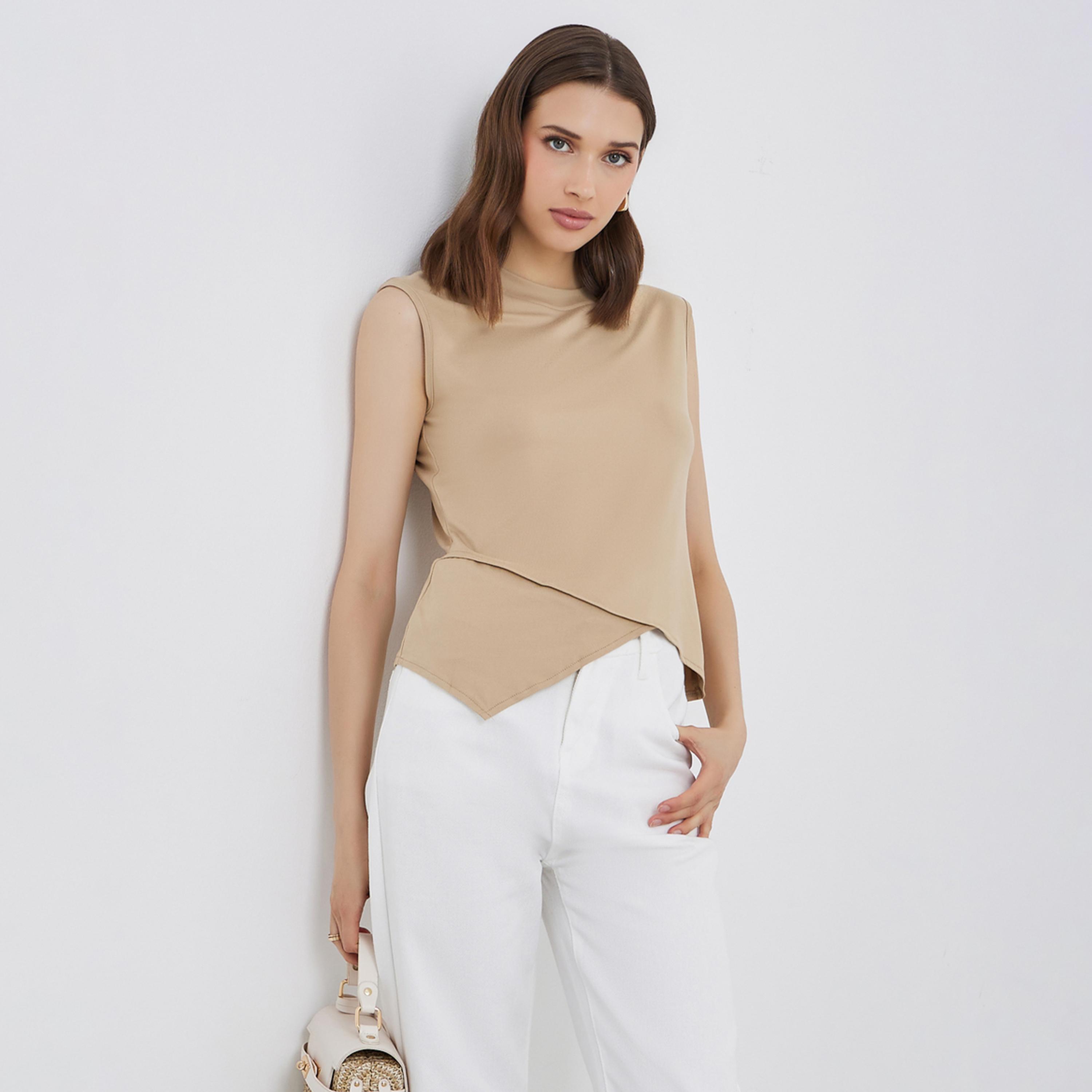 Styli Beige Asymmetric Sleeveless Top-women-clothing-shirtsandblouses-shirts-image-1