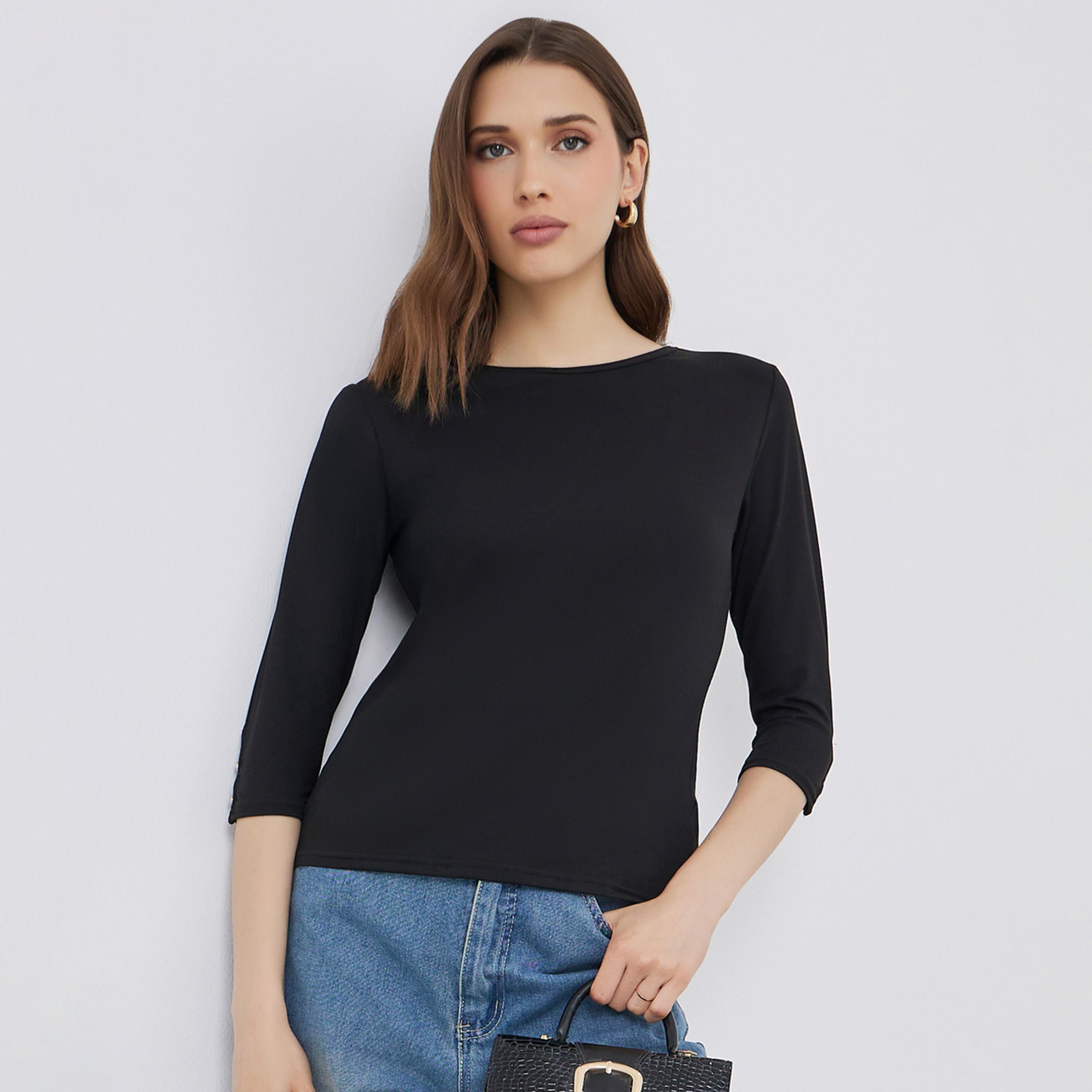 ستايلي - بلوزة سوداء بأكمام 3/4 وأزرار على الأكمام-women-clothing-shirtsandblouses-shirts-image-1