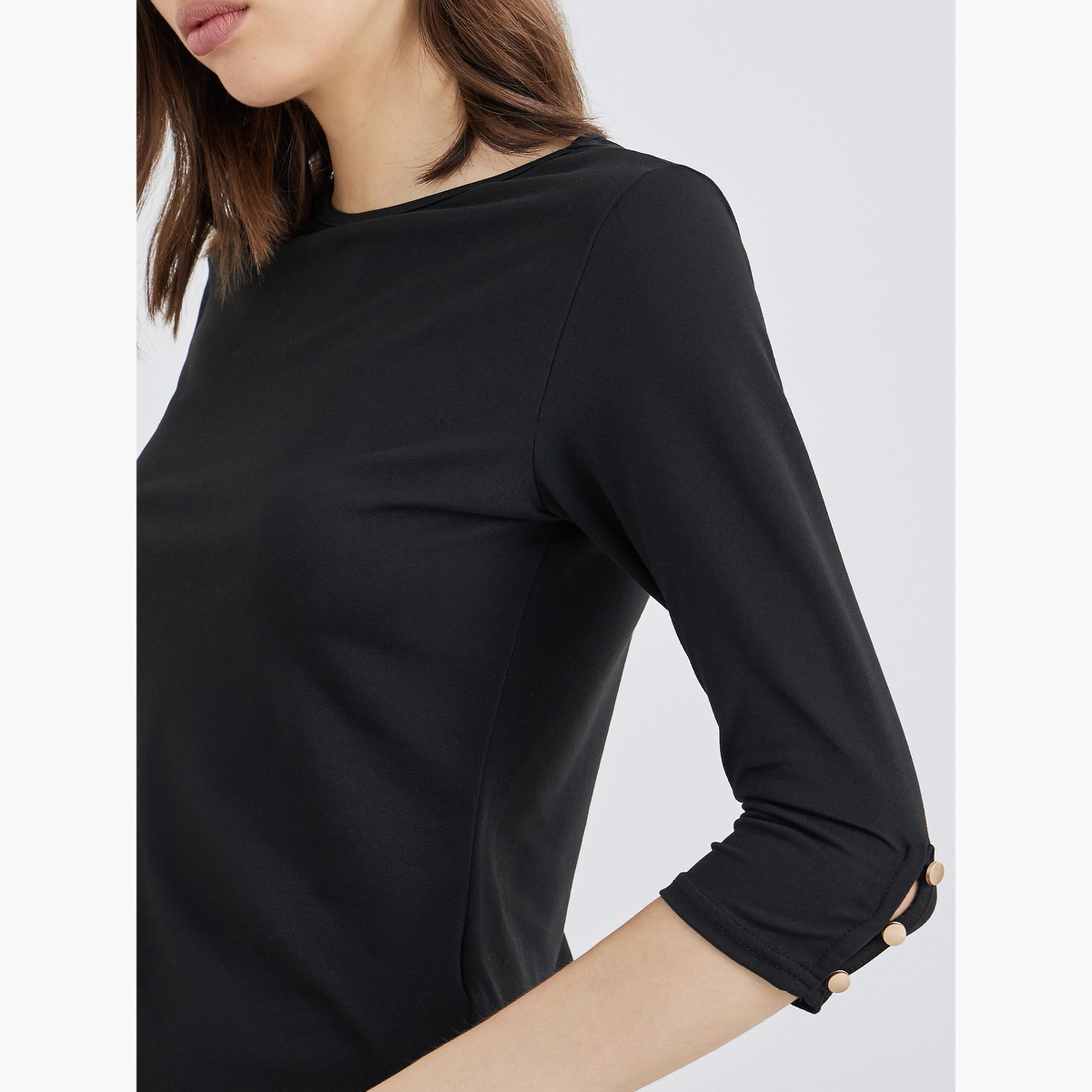 Styli Black 3/4 Sleeve Top with Button Cuff-women-clothing-shirtsandblouses-shirts-image-3