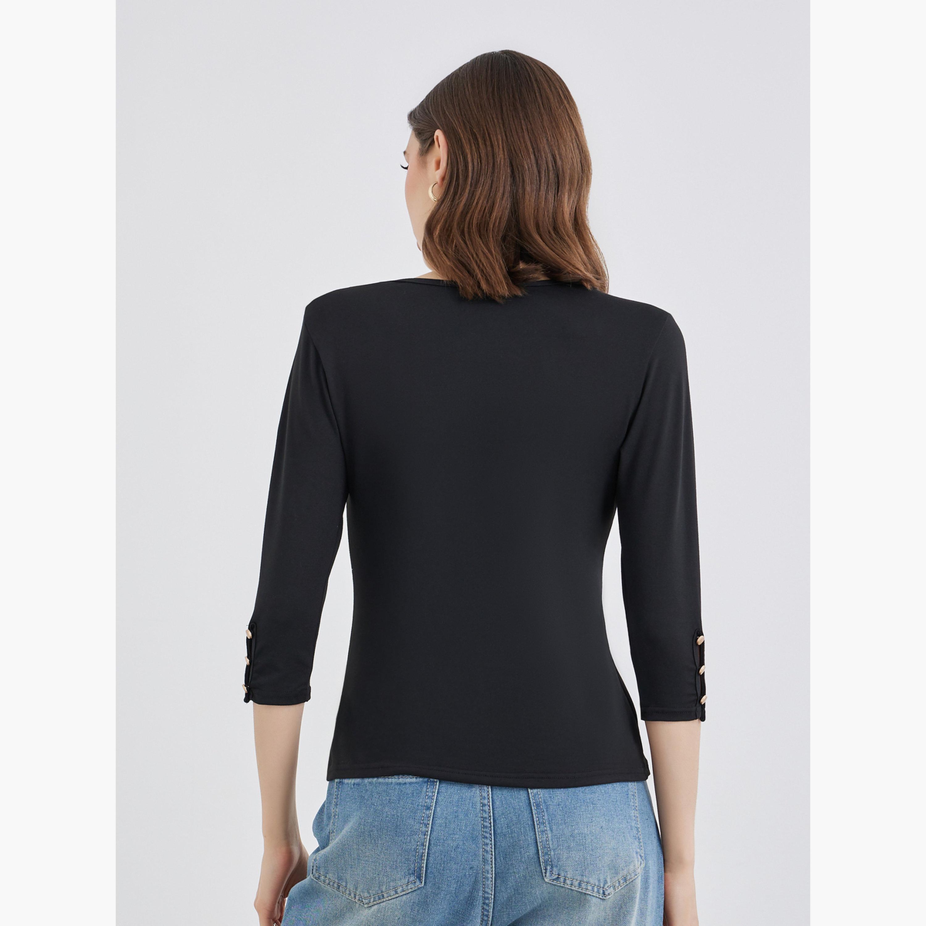 ستايلي - بلوزة سوداء بأكمام 3/4 وأزرار على الأكمام-women-clothing-shirtsandblouses-shirts-image-4