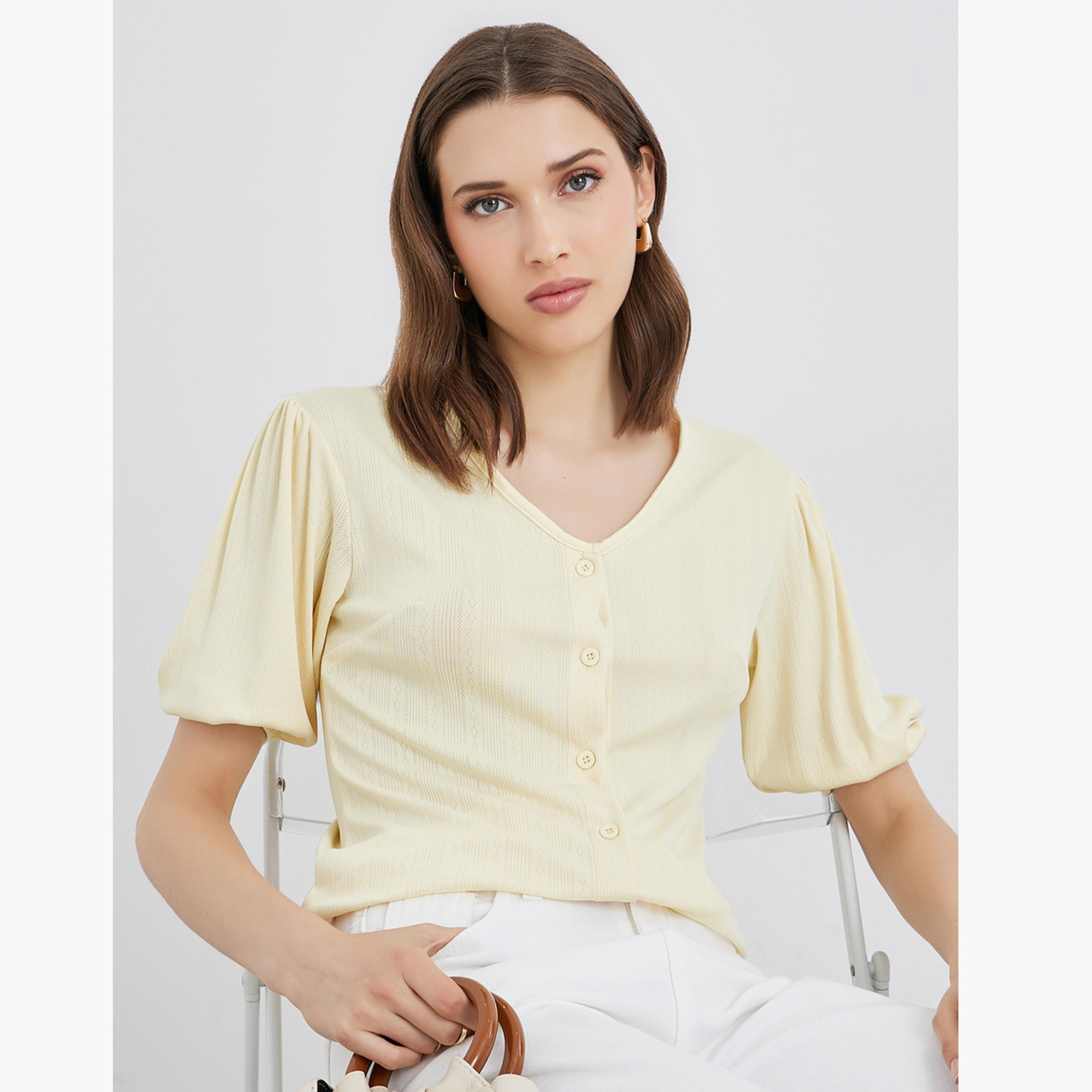 Styli Yellow Button Placket V Neck Top-women-clothing-shirtsandblouses-shirts-image-1