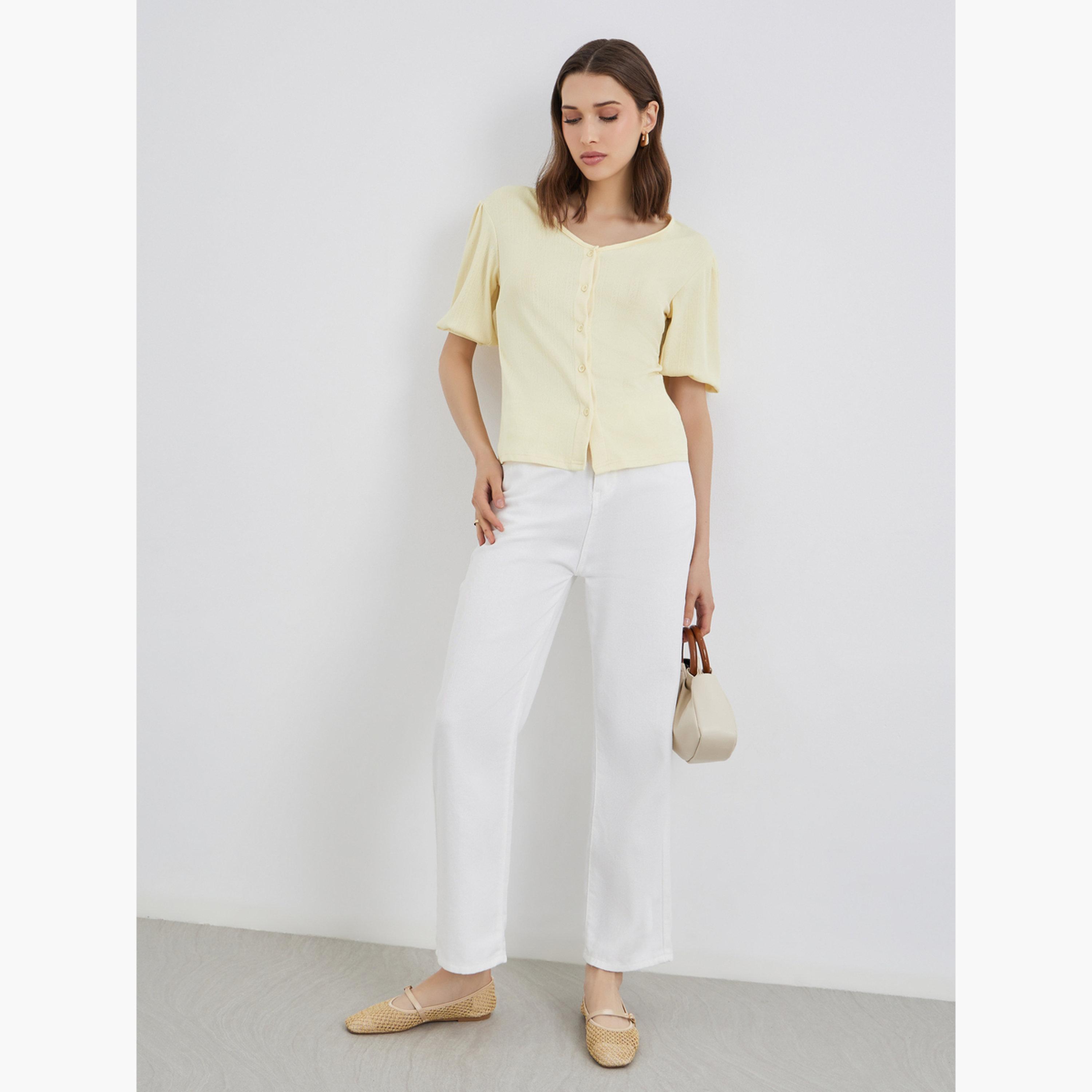 Styli Yellow Button Placket V Neck Top-women-clothing-shirtsandblouses-shirts-image-2