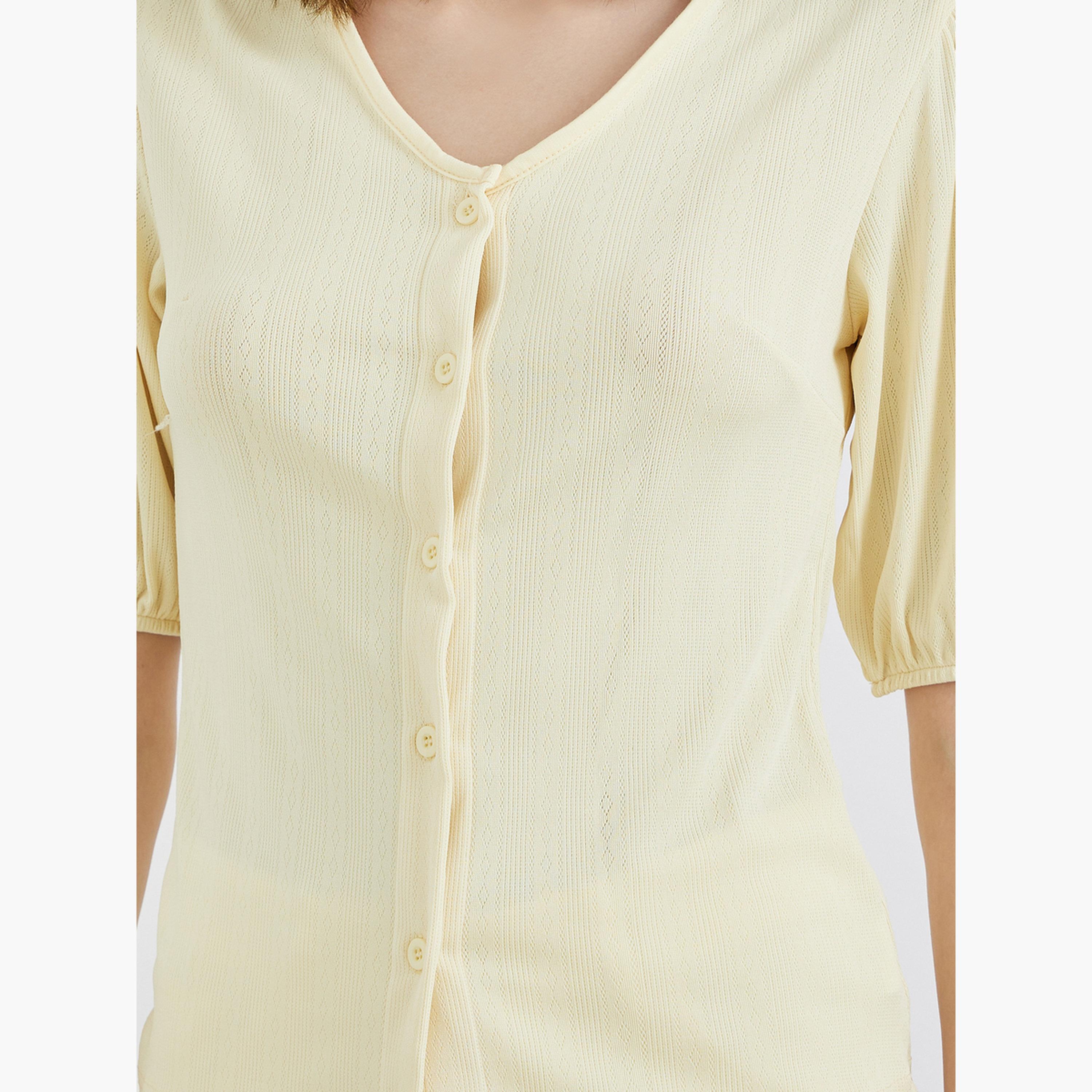 Styli Yellow Button Placket V Neck Top-women-clothing-shirtsandblouses-shirts-image-3