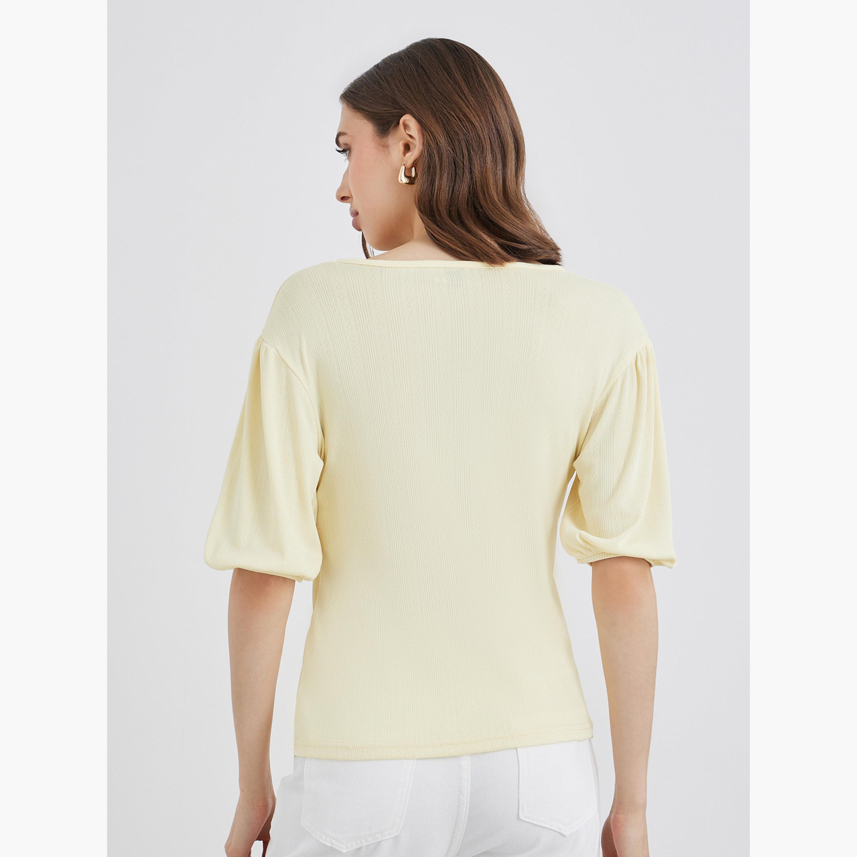 Styli Yellow Button Placket V Neck Top-women-clothing-shirtsandblouses-shirts-image-4
