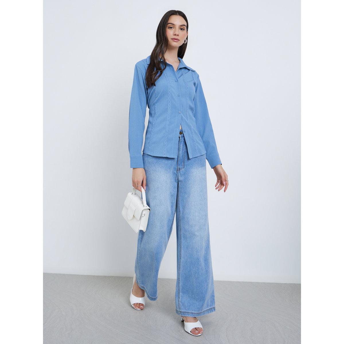 Styli Solid Lace Trim Buttoned Long Sleeve Shirt-women-clothing-shirtsandblouses-shirts-image-2