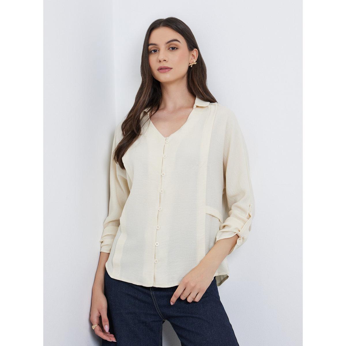 Styli Solid Roll Up Sleeve Buttoned Shirt-women-clothing-shirtsandblouses-shirts-image-1