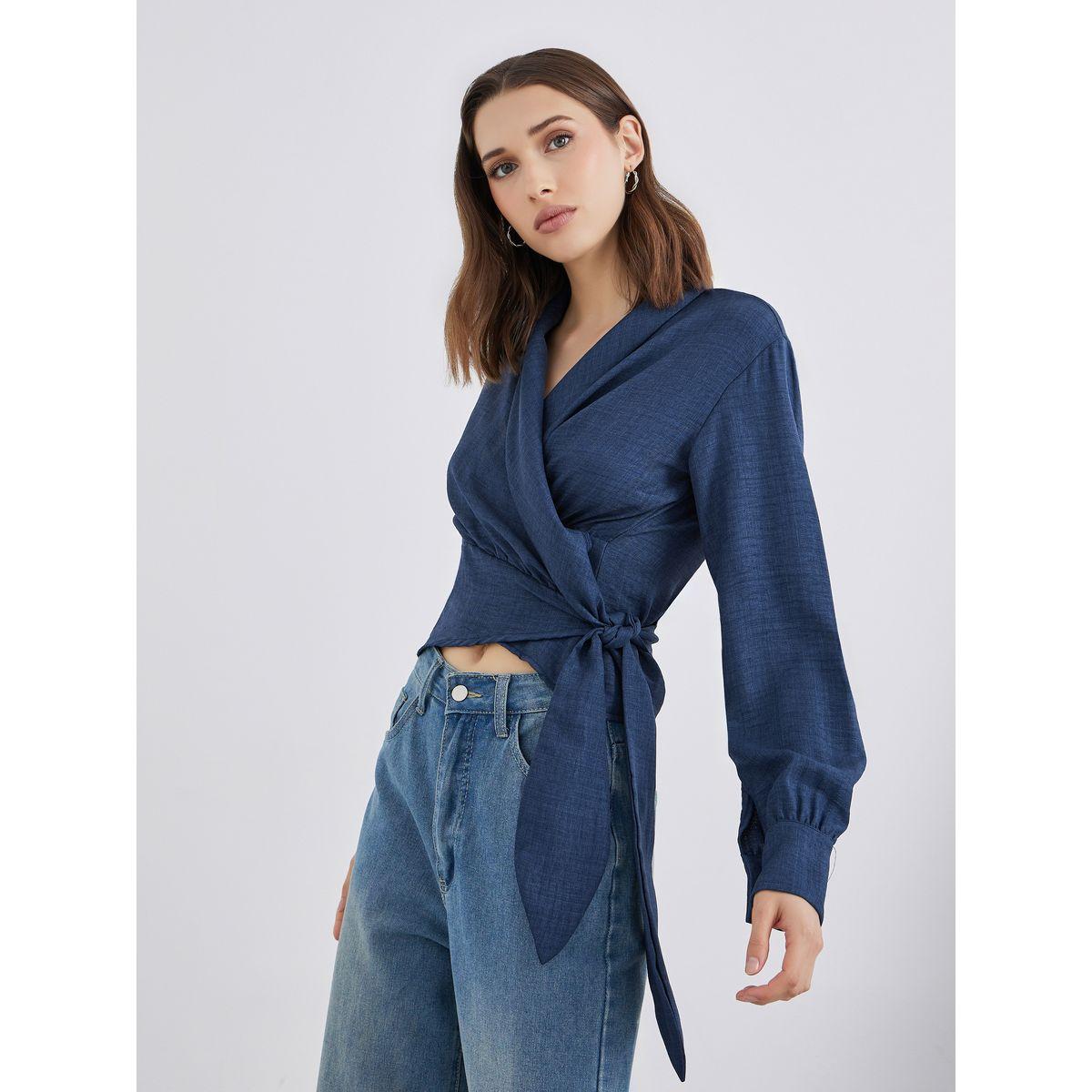 Styli Solid Long Sleeve Wrap Top with Tie Detail-women-clothing-shirtsandblouses-blouses-image-1