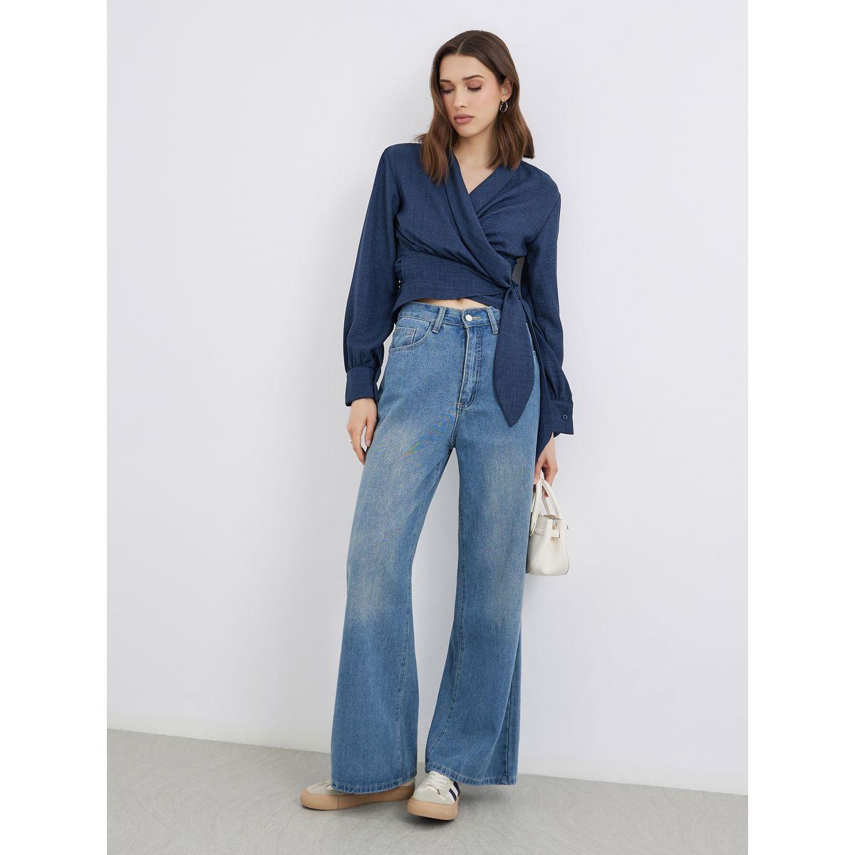 Styli Solid Long Sleeve Wrap Top with Tie Detail-women-clothing-shirtsandblouses-blouses-image-2