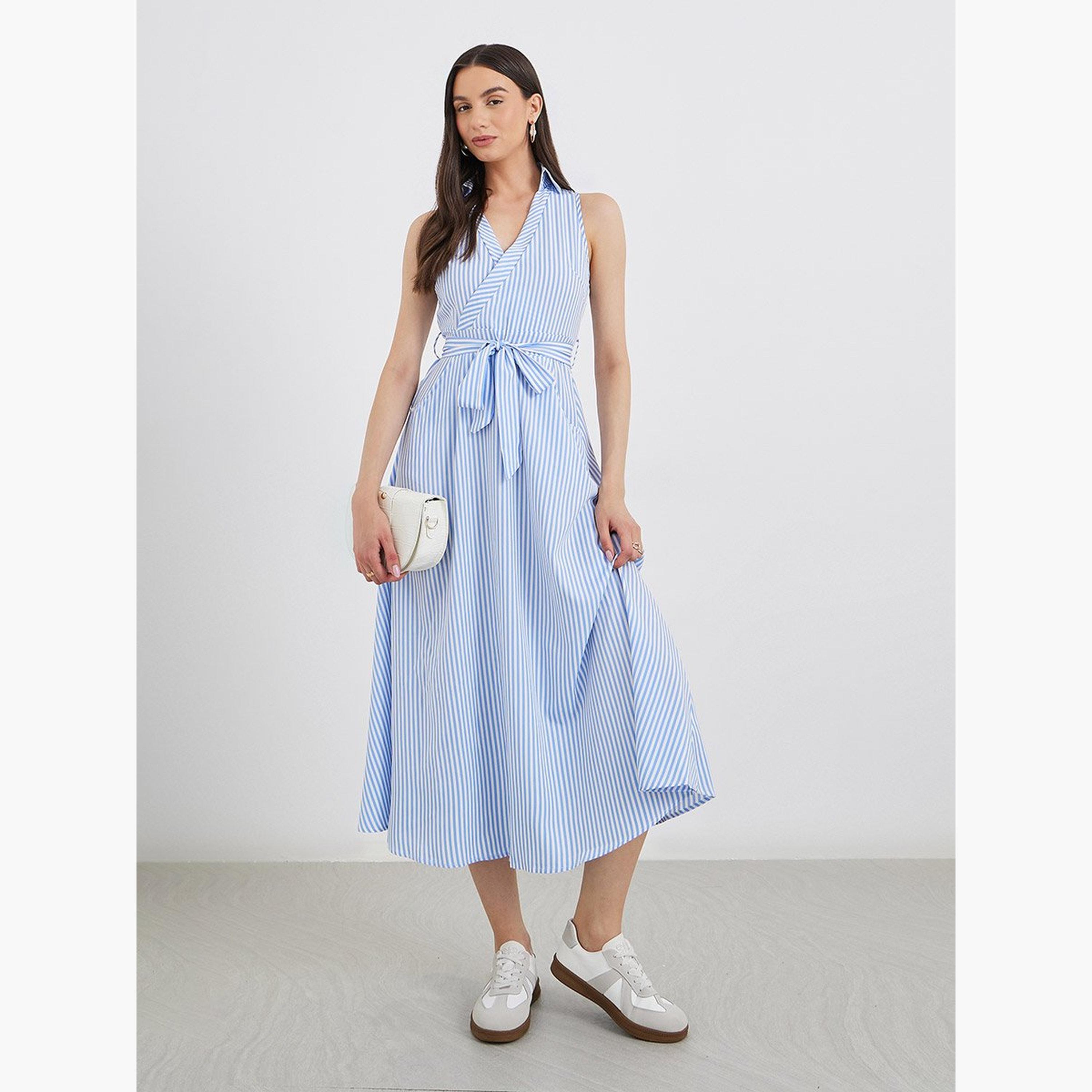 تيك تو - فستان ميدي مخطط ملفوف مع رباط على الخصر-women-clothing-dresses-image-1
