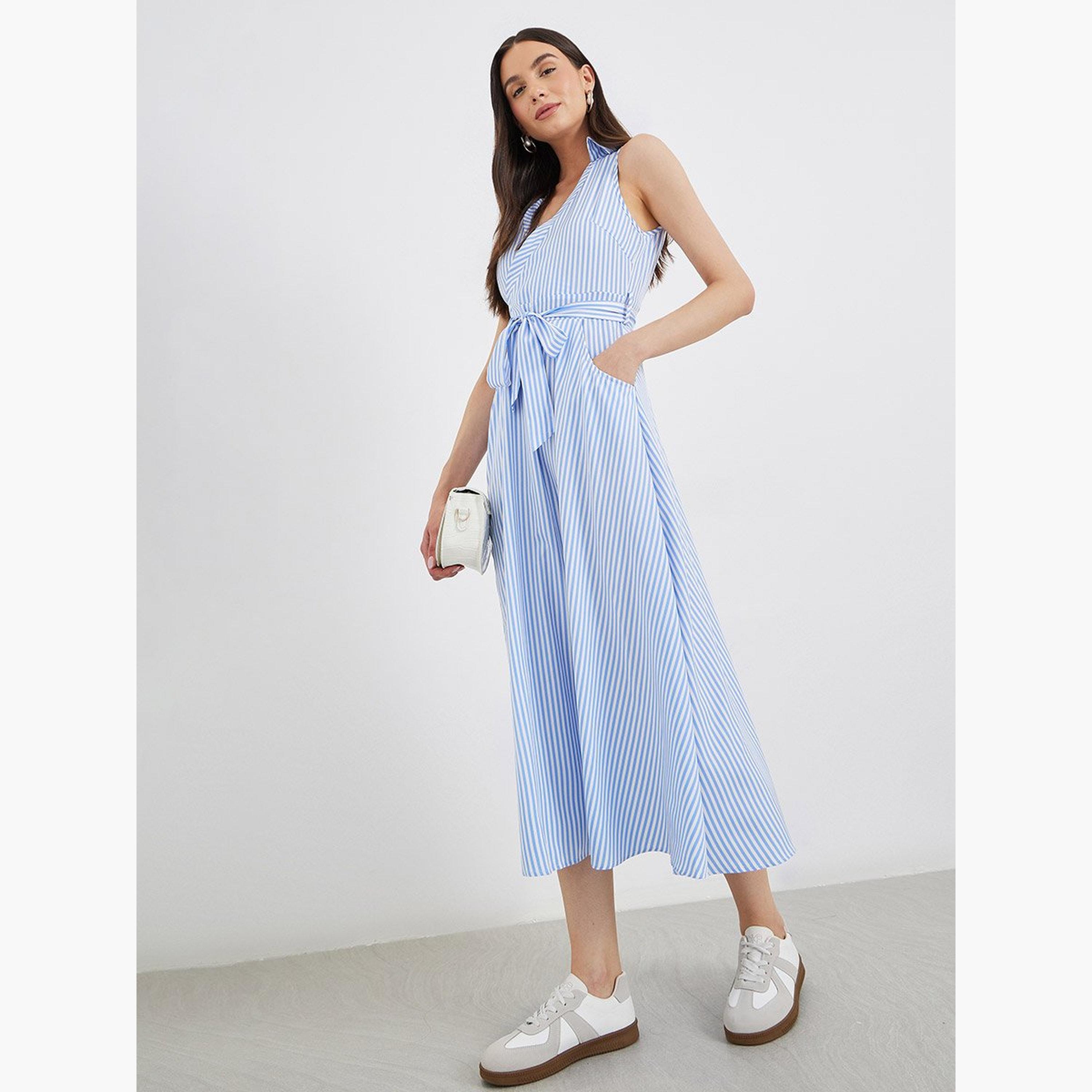تيك تو - فستان ميدي مخطط ملفوف مع رباط على الخصر-women-clothing-dresses-image-2