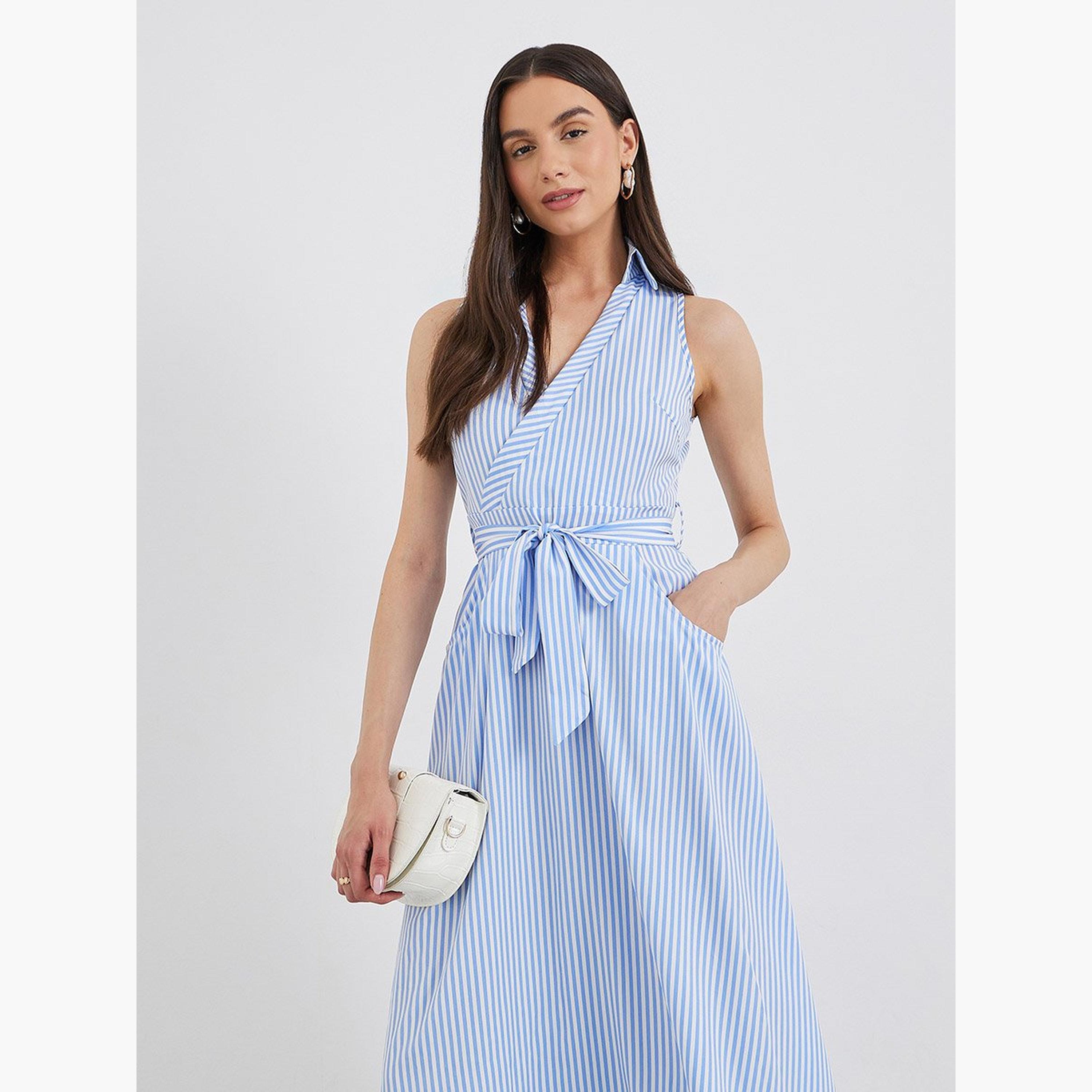 تيك تو - فستان ميدي مخطط ملفوف مع رباط على الخصر-women-clothing-dresses-image-3