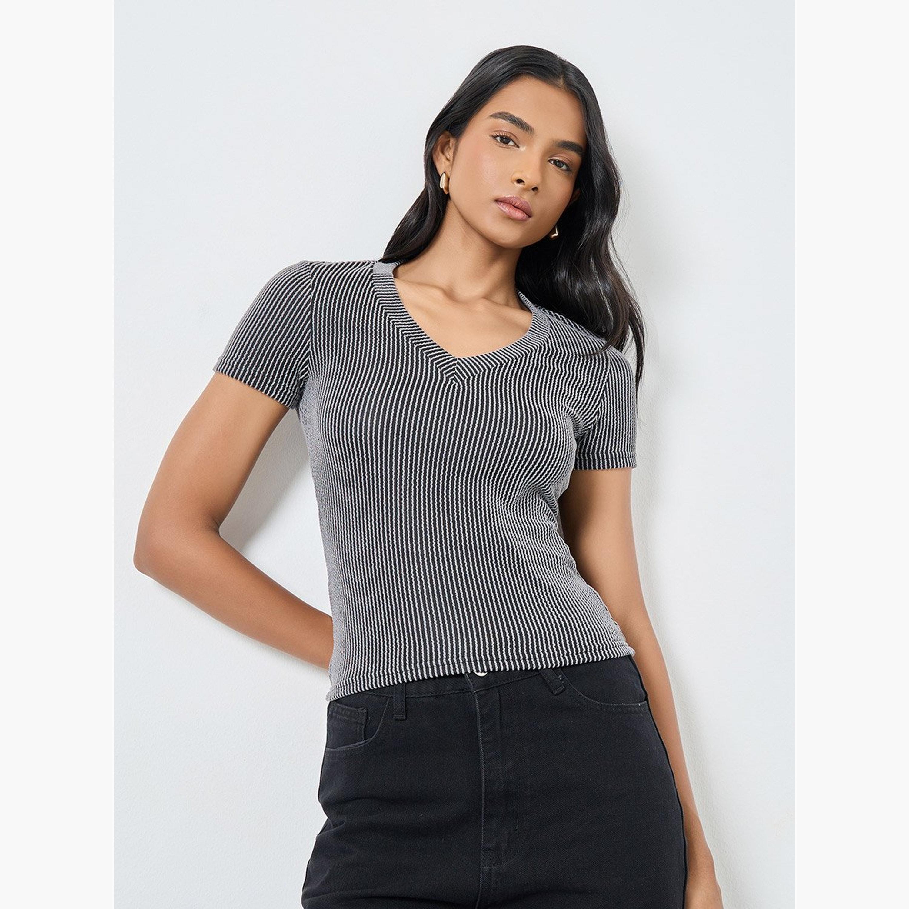 Take Two Striped Textured V-Neck Knitted Top-women-clothing-tshirts-image-1