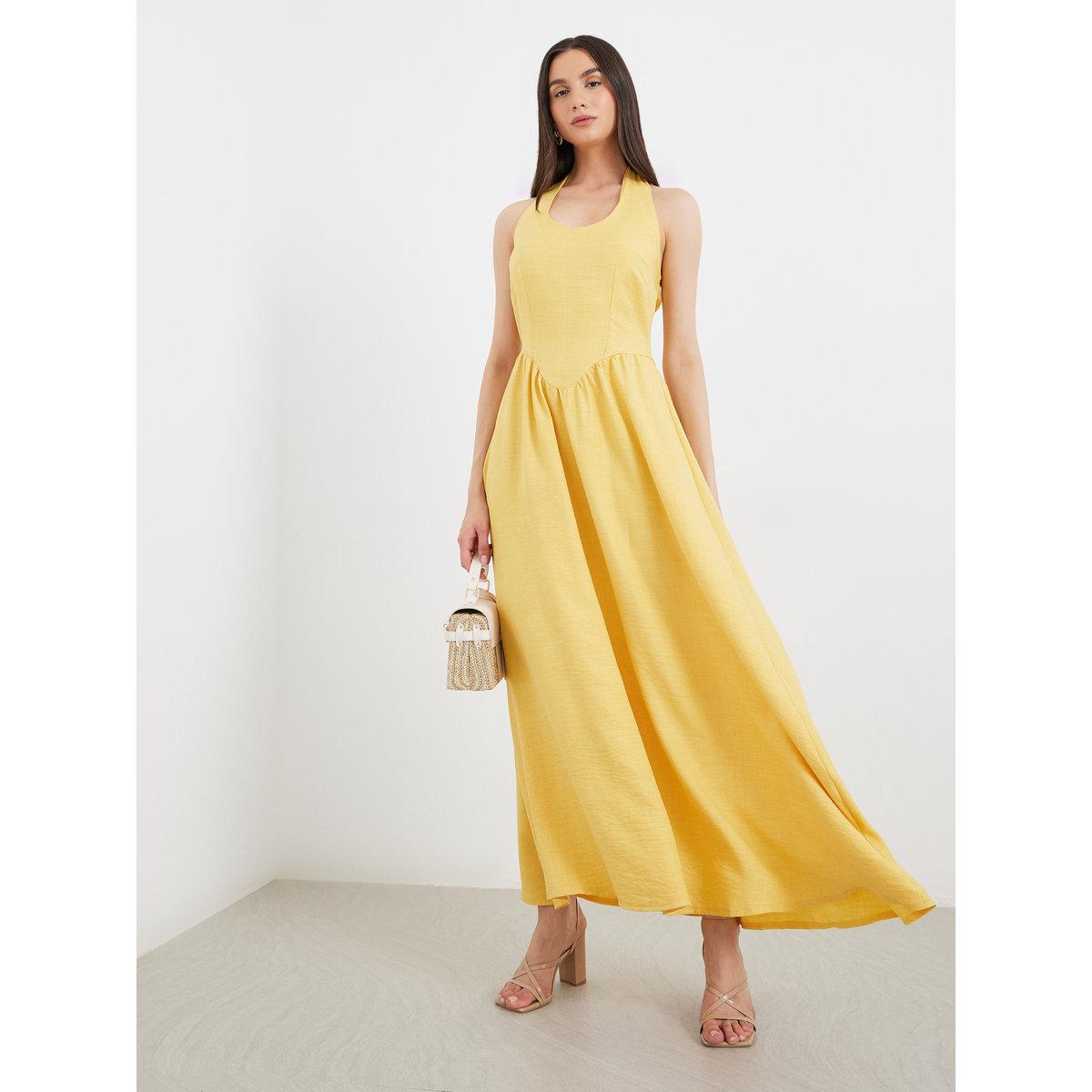Styli Solid Halter Neck Sleeveless Midi Dress-women-clothing-dresses-image-1