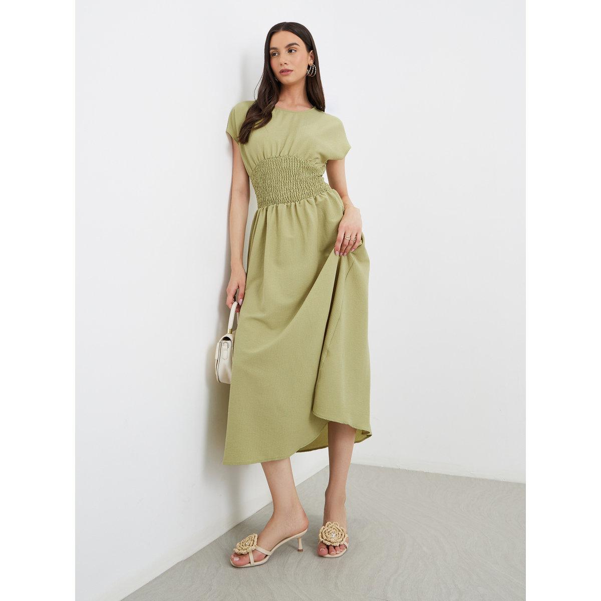 Styli Solid Smocked Waist Round Neck Midi Dress-women-clothing-dresses-image-1