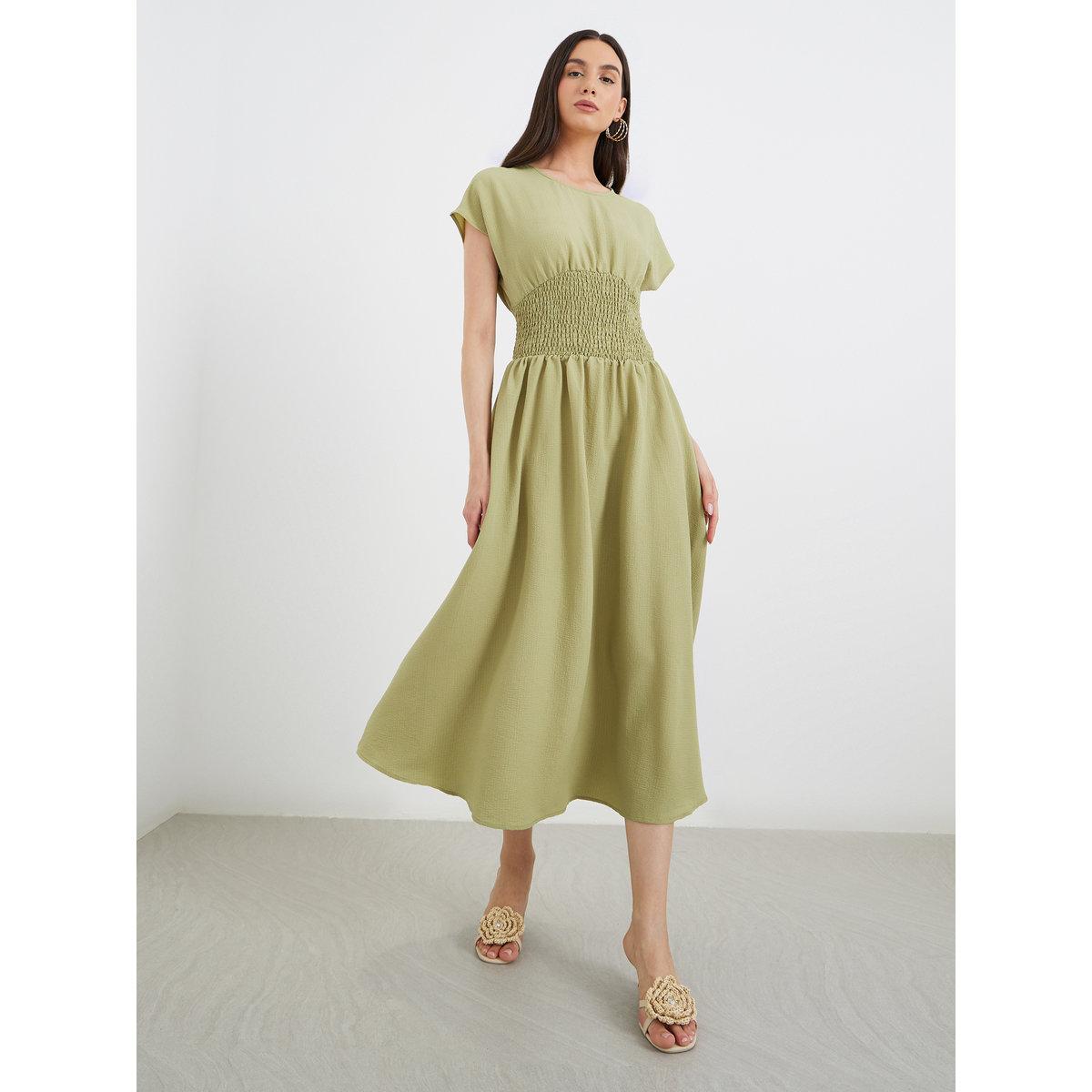 Styli Solid Smocked Waist Round Neck Midi Dress-women-clothing-dresses-image-2